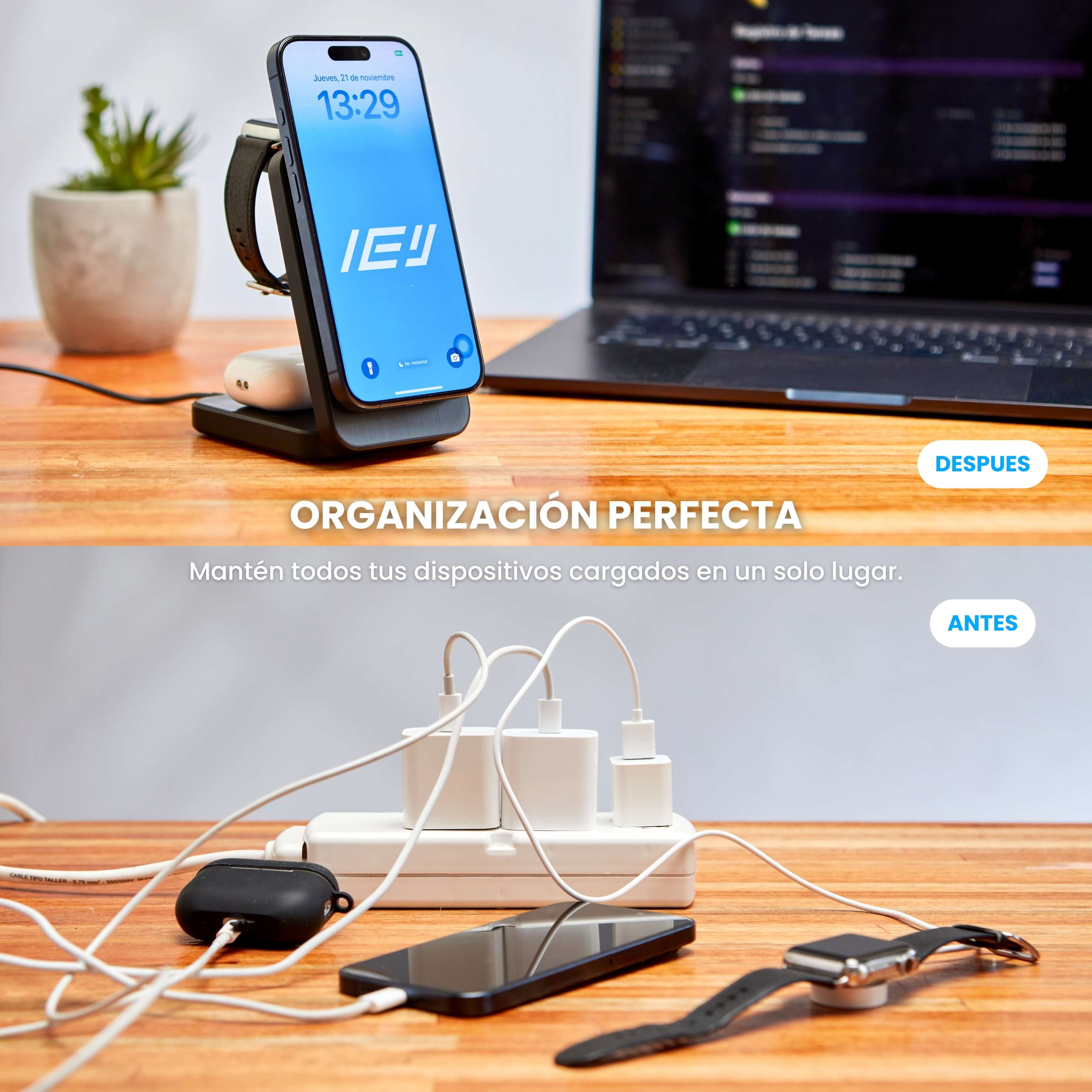 Comparativa entre estación de carga IEY y múltiples cargadores con cables desordenados. #color_negro