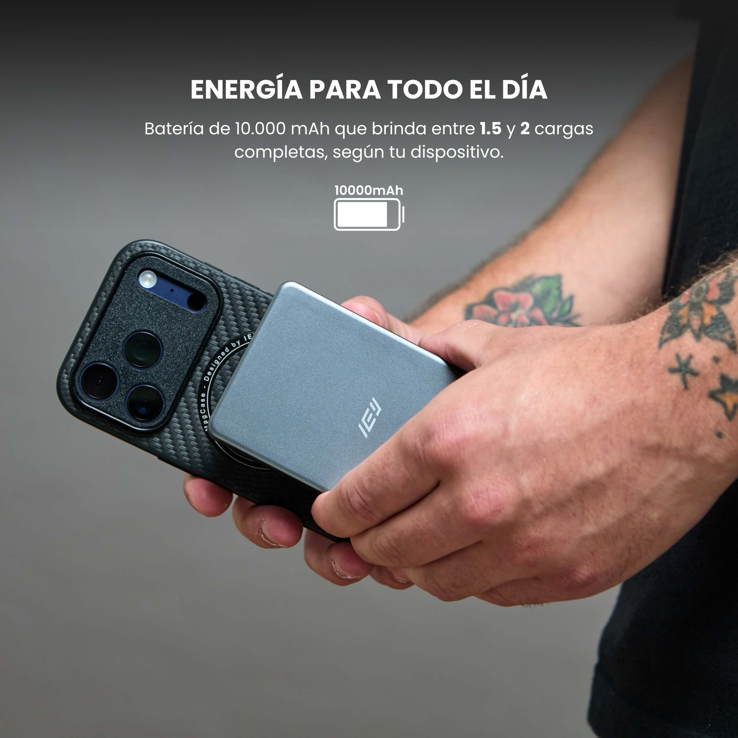 Cargador Portatil MagPower 10000mAh con sujeción magnética segura para iPhone #color_gris plateado