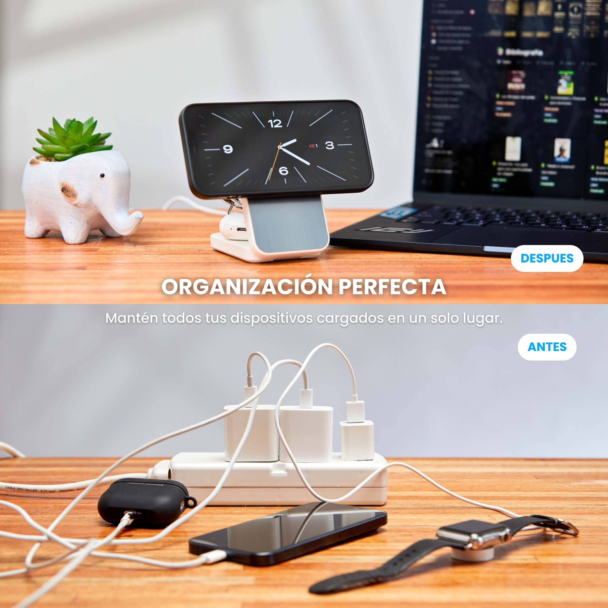 Comparación antes y después: escritorio desordenado con cables vs estación de carga IEY organizada. #color_blanco