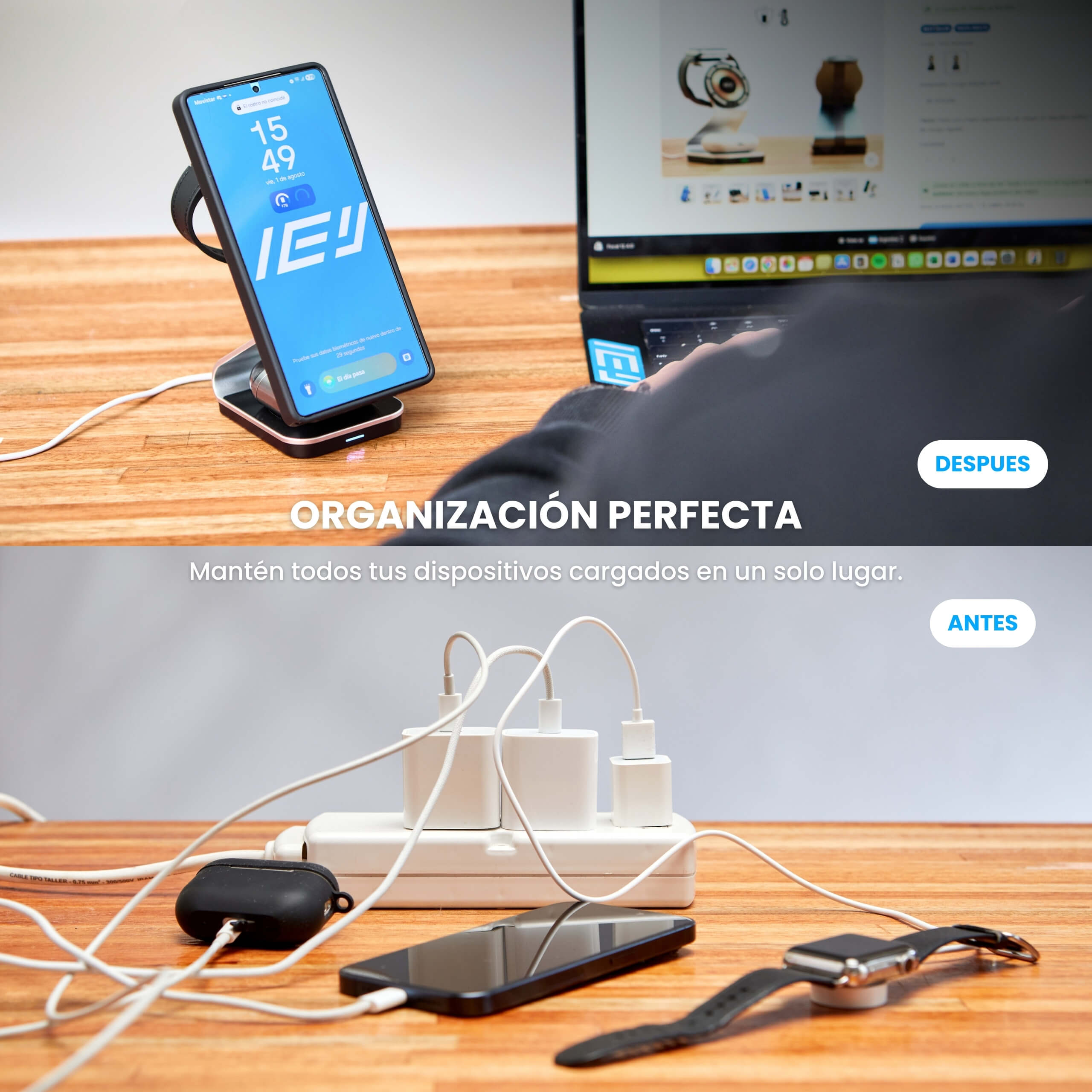 Estacion de Carga 3 en 1 MagCharger mostrando carga simultánea de tres dispositivos y diseño moderno, antes y despues.