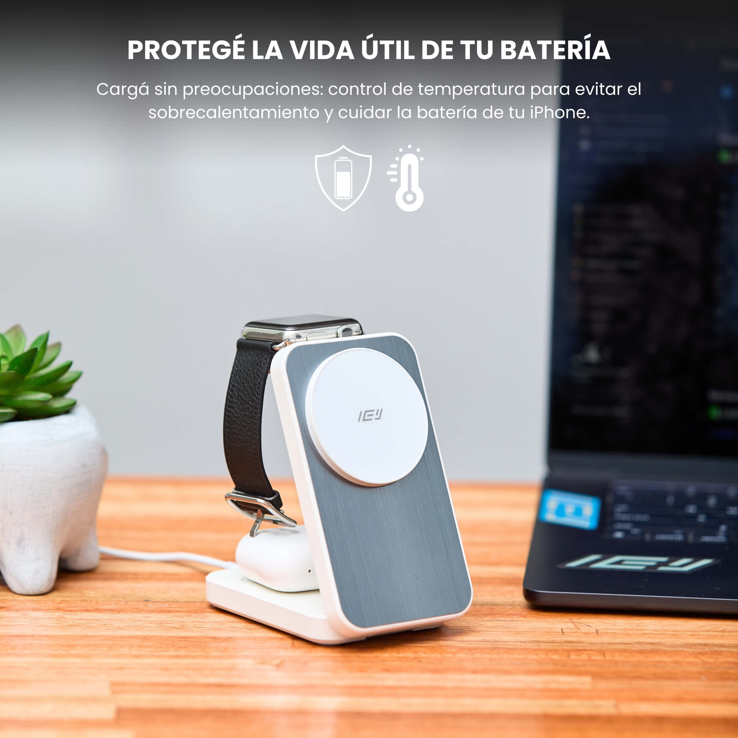 Cargador inalámbrico IEY con iPhone y Apple Watch, con control de temperatura para proteger la batería. #color_blanco