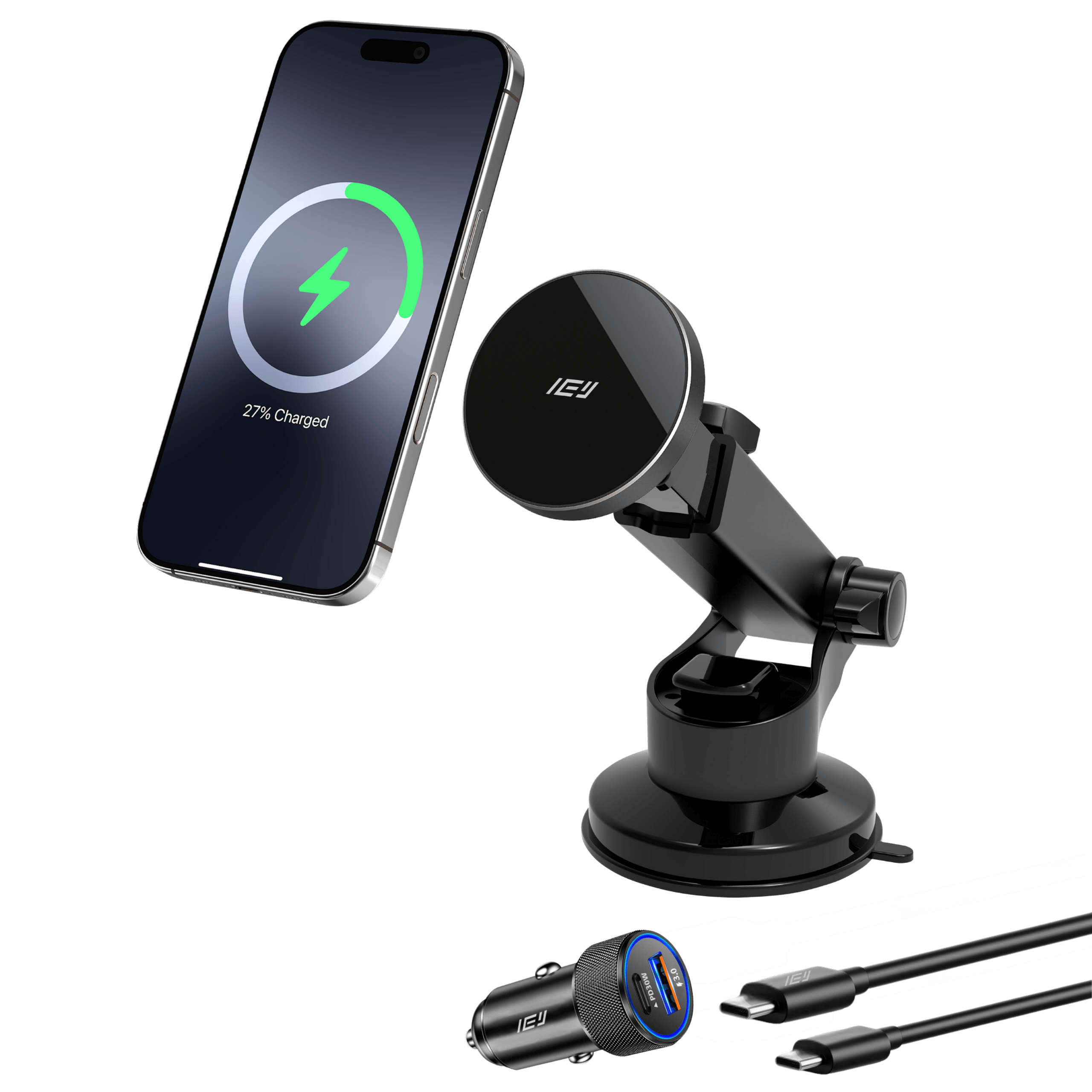 Cargador inalámbrico de auto MagCharger con soporte magnético compatible con MagSafe y iPhone en carga rápida con cargador de carga rapida
#color_negro
