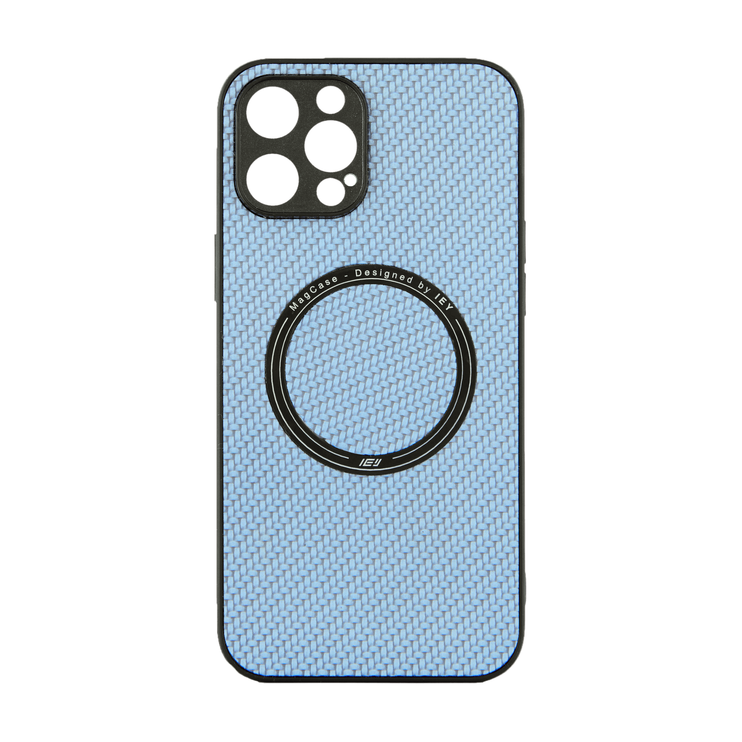 Funda MagSafe texturizada en vista frontal, diseño azul con acabado fibra de carbono y aro imantado grabado con logo IEY #color_azul