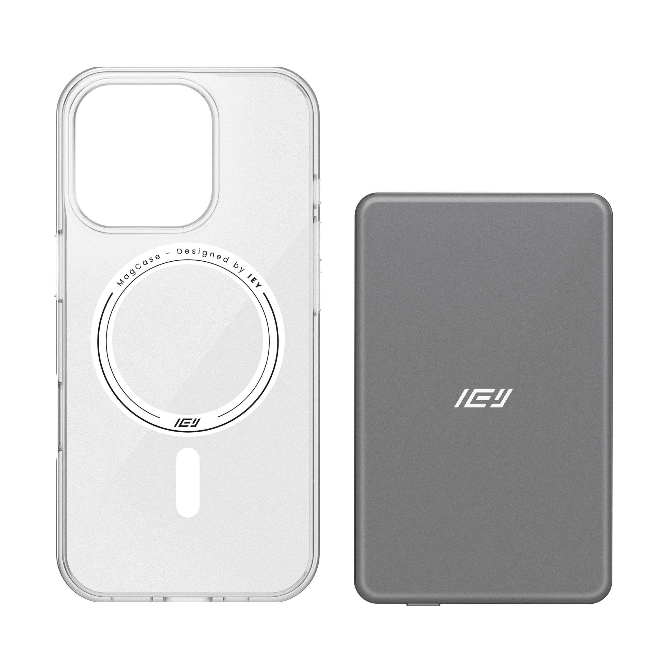 Combo MagSafe IEY con funda transparente y batería inalámbrica 5000 mAh con MagSafe, diseño minimalista y premium. #color_gris azulado