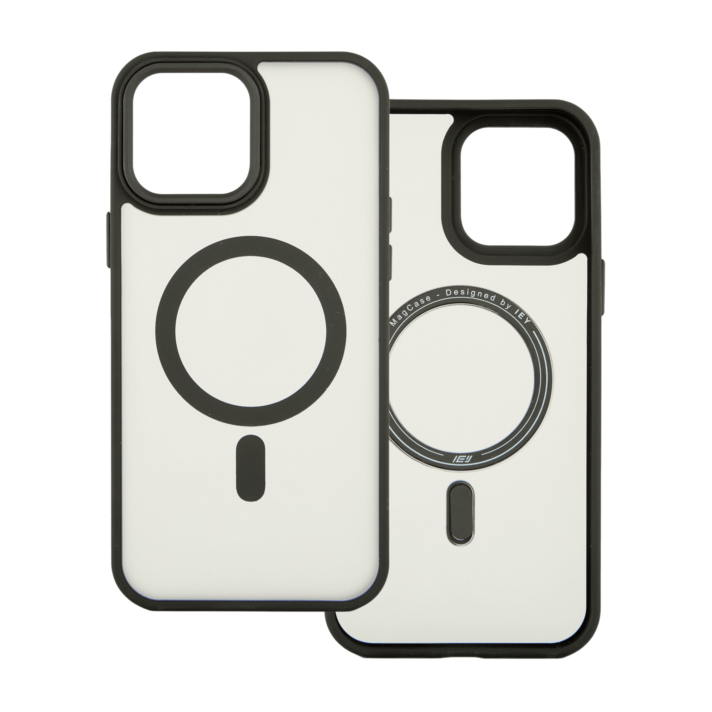 Dos fundas MagSafe negras para iPhone en vista frontal, con variantes de aro imantado: una lisa y otra grabada con logo IEY