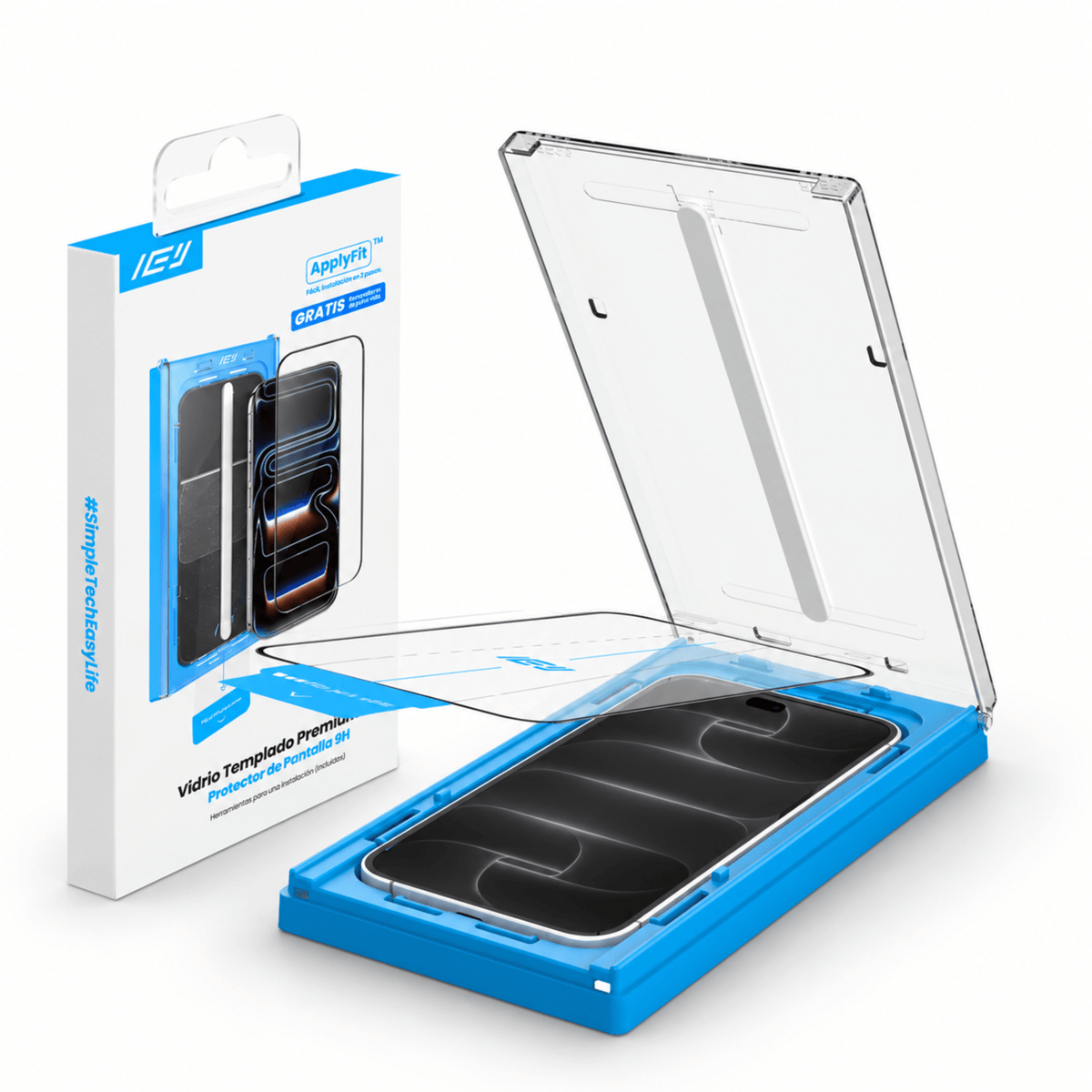 ApplyFit™ de IEY®: vidrio templado para iPhone con kit de instalación guiada, aplicador incluido y packaging original sobre fondo blanco.