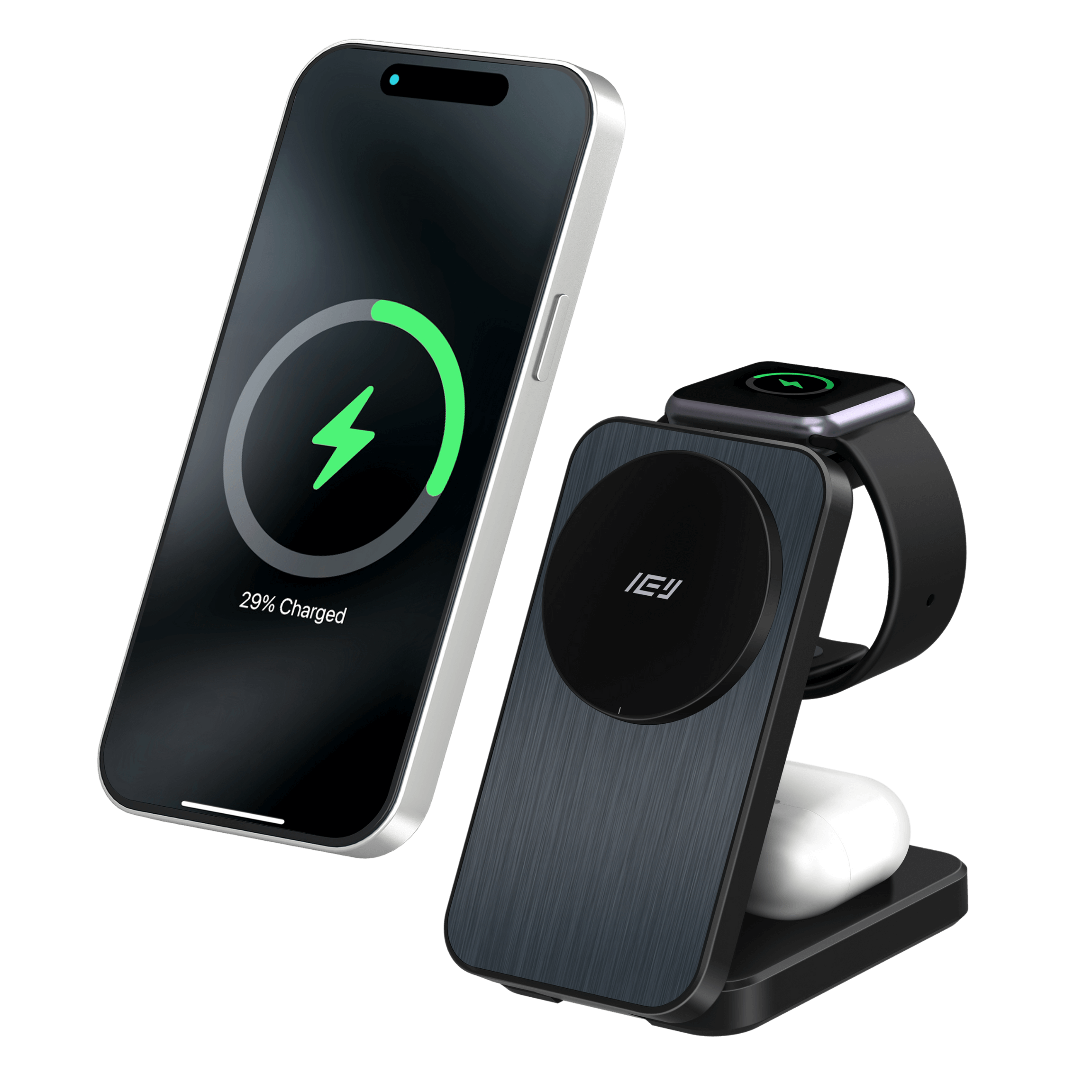 Cargador inalámbrico plegable 3 en 1 MagCharger cargando iPhone, AirPods y Apple Watch al mismo tiempo #color_negro