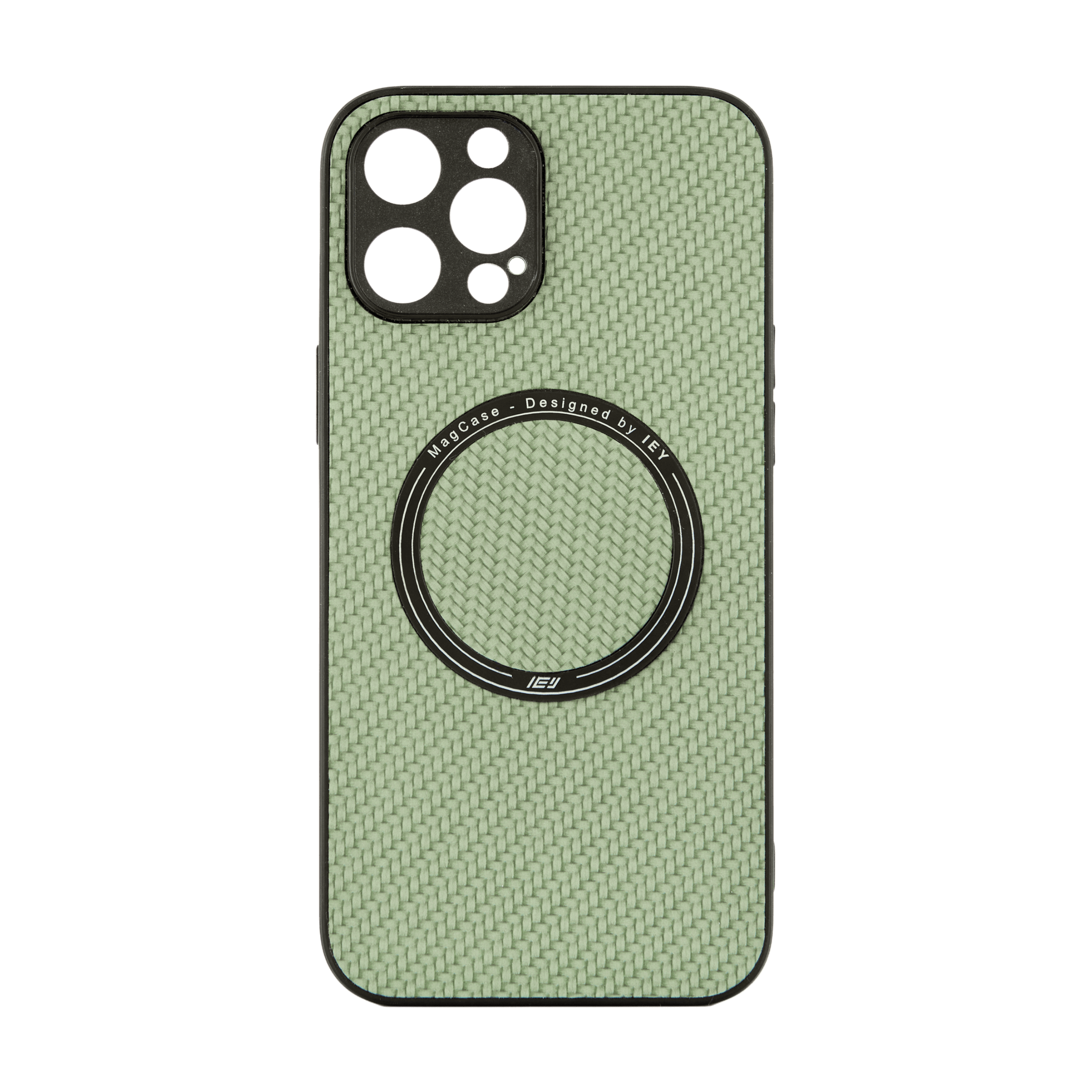 Funda MagSafe texturizada en vista frontal, diseño verde con acabado fibra de carbono y aro imantado grabado con logo IEY #color_verde