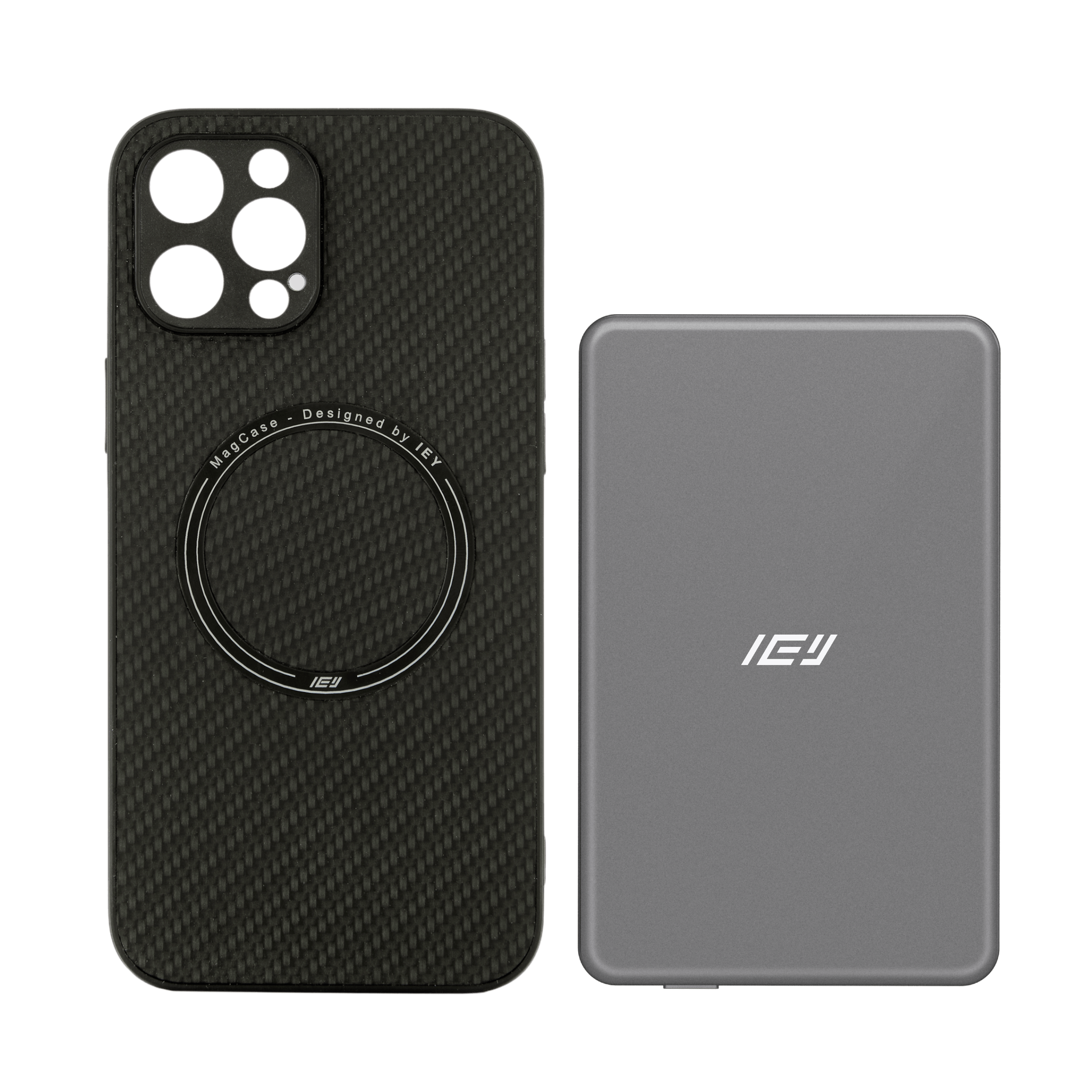 Combo MagSafe IEY con funda carbon y batería inalámbrica 5000 mAh con MagSafe, diseño minimalista y premium. #color_gris azulado