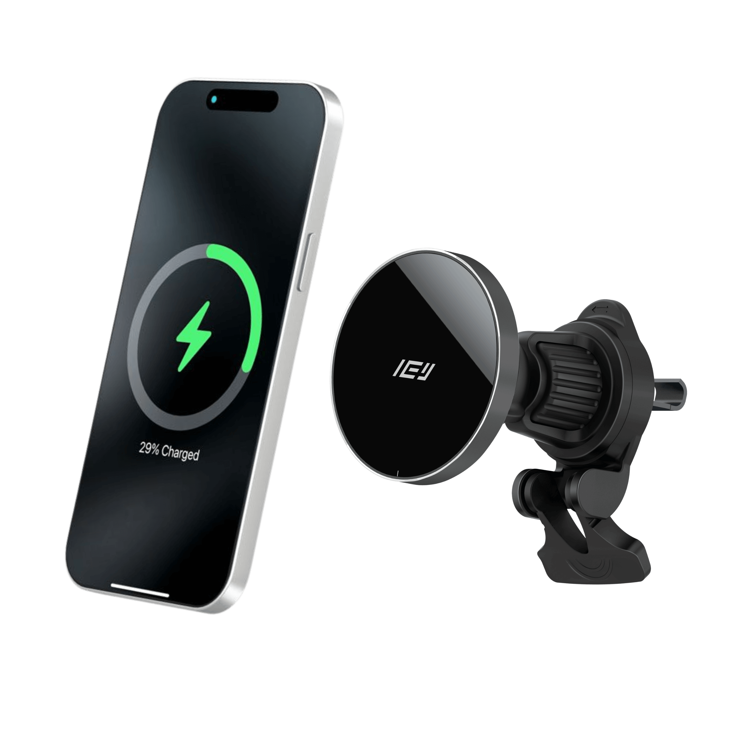 Cargador inalámbrico de auto MagCharger con soporte magnético compatible con MagSafe y iPhone en carga rápida
#color_negro