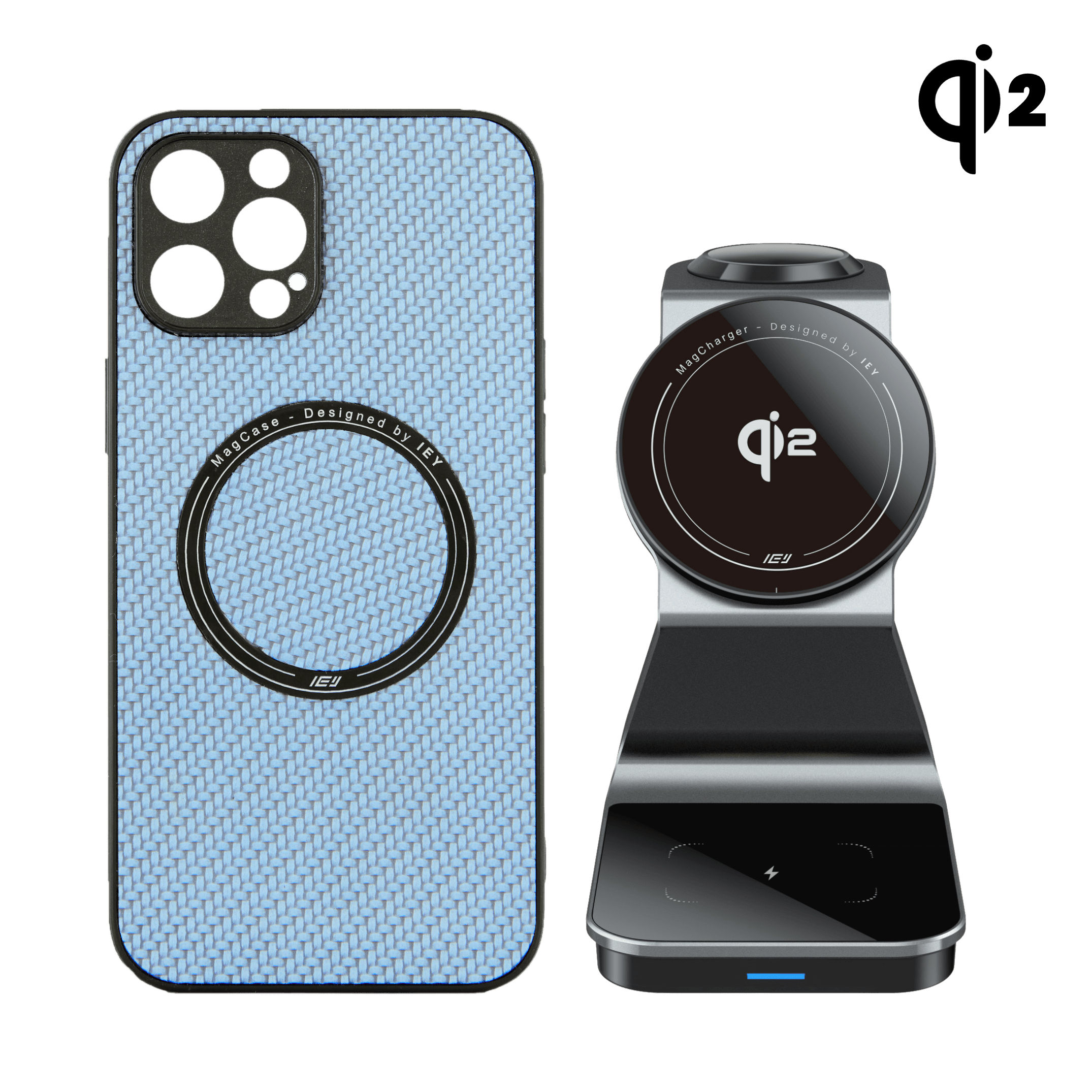 Combo IEY de funda MagSafe Carbon Azul y estación 3 en 1 con Tecnología Qi2 en color negro #color_azul