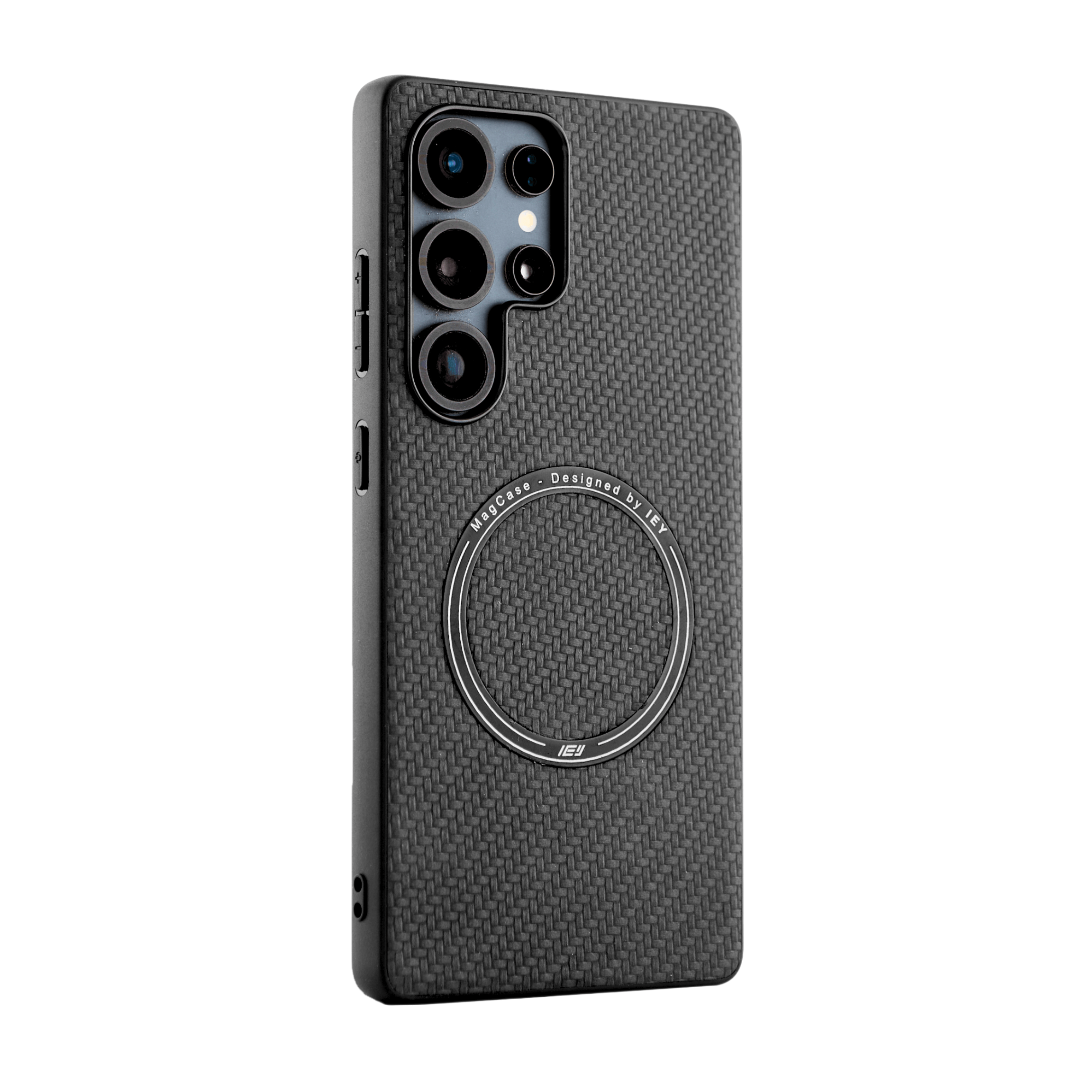 Funda MagSafe texturizada en vista diagonal, diseño negro con acabado fibra de carbono y aro imantado grabado con logo IEY #color_negro