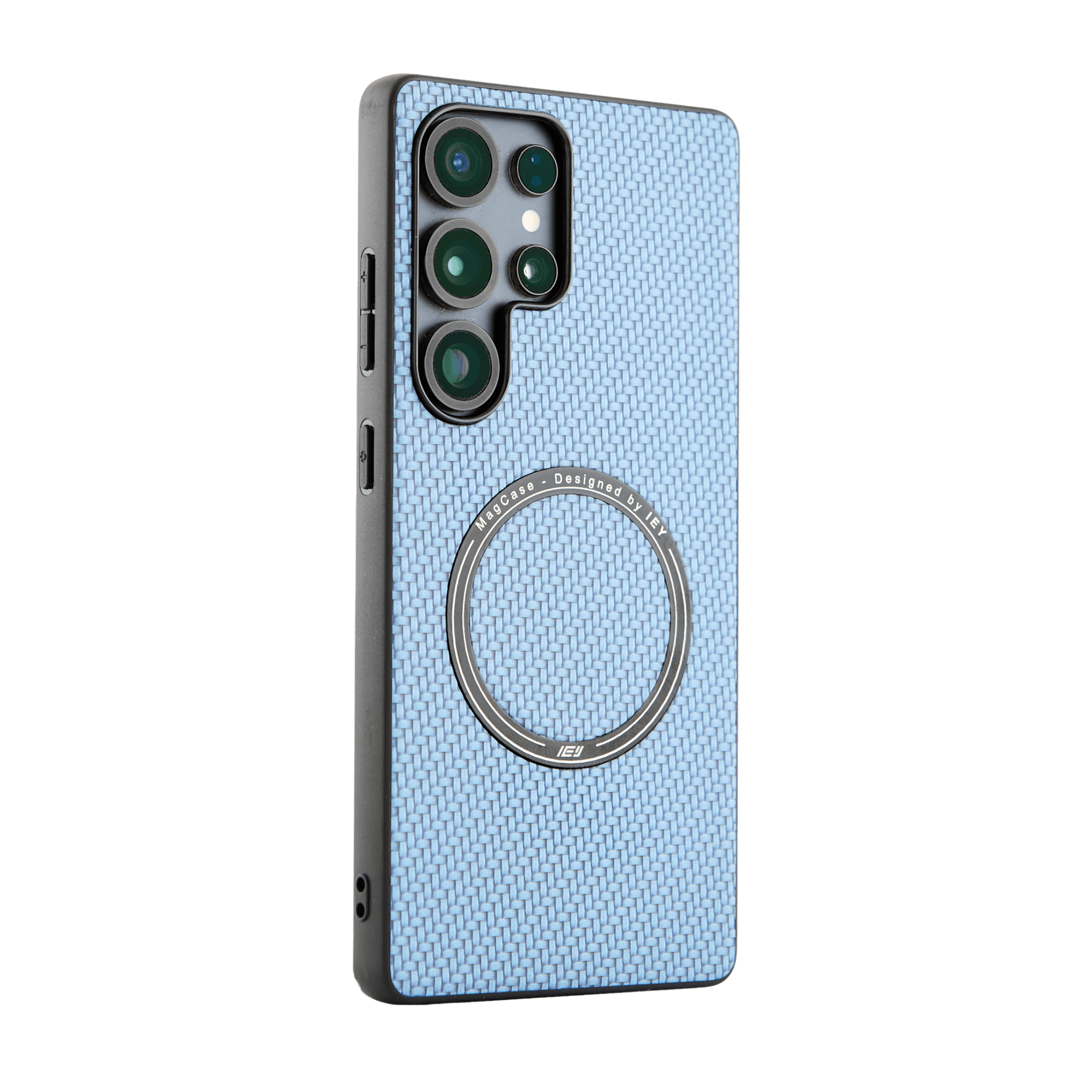 Funda MagSafe texturizada en vista frontal, diseño azul con acabado fibra de carbono y aro imantado grabado con logo IEY #color_azul