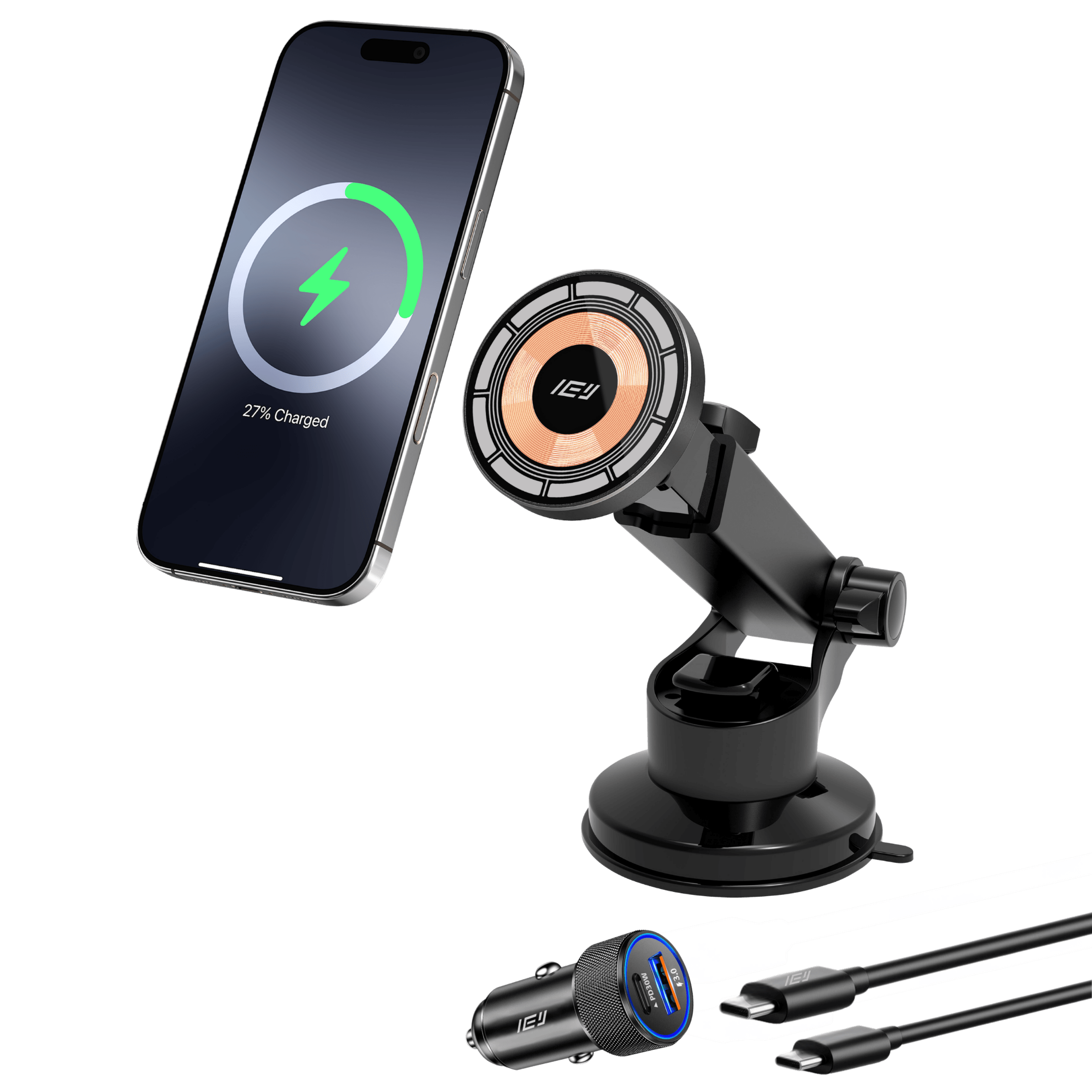 Cargador inalámbrico de auto MagCharger con soporte magnético compatible con MagSafe y iPhone en carga rápida con cargador de carga rapida
#color_plata