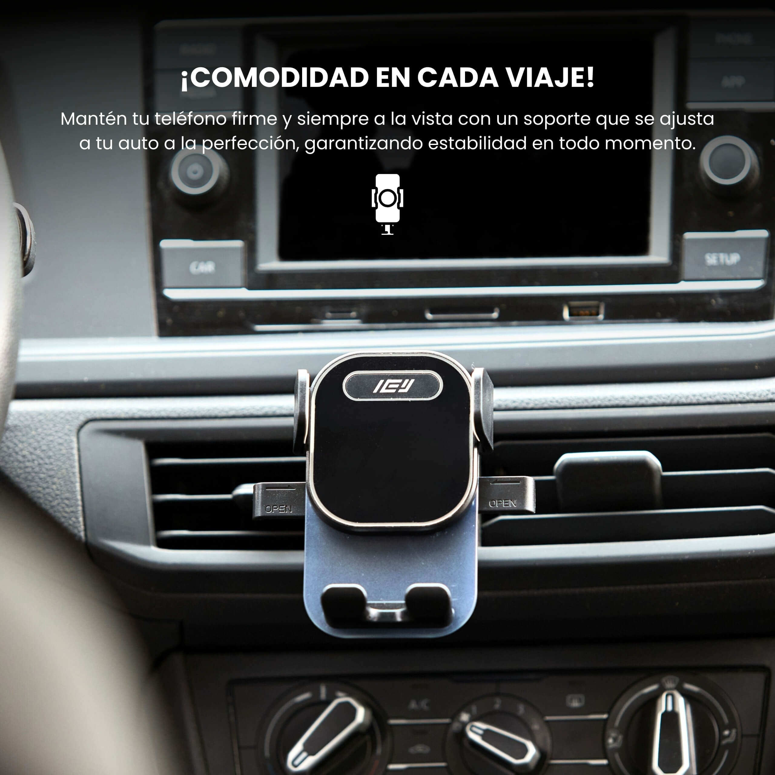 Soporte MagMount fijado a la ventilación del auto, compatible con teléfonos de distintos tamaños