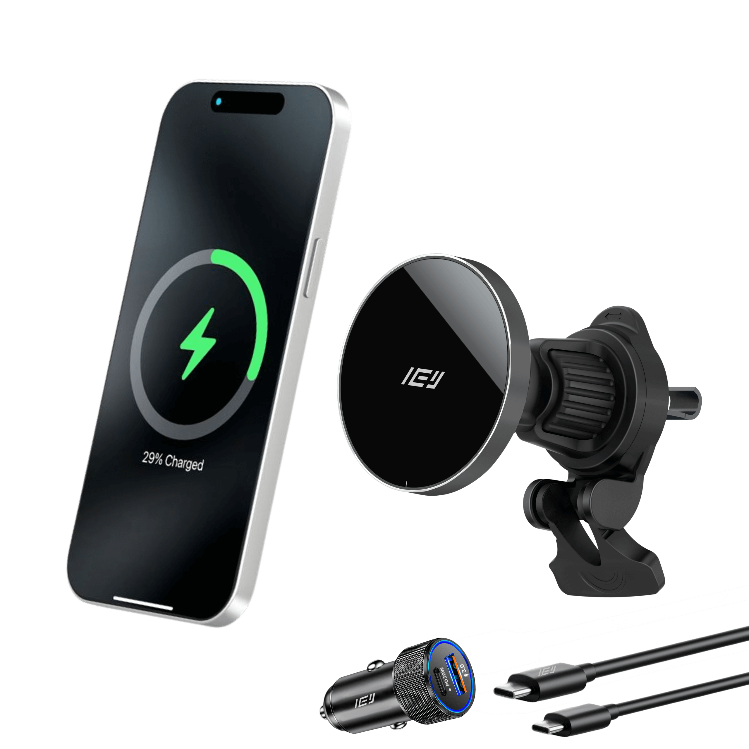 Cargador inalámbrico de auto MagCharger con soporte magnético compatible con MagSafe y iPhone en carga rápida con cargador de carga rapida
#color_negro