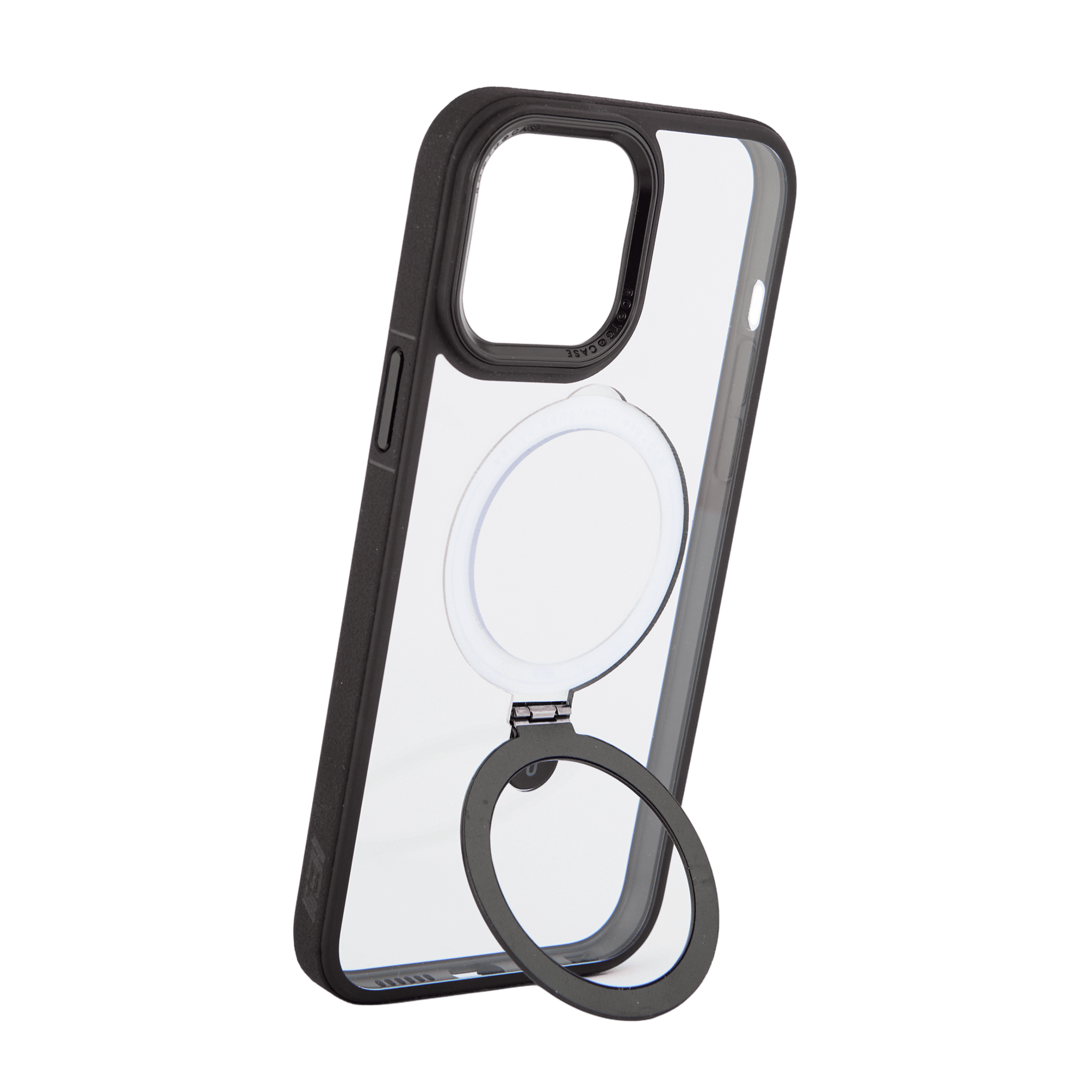 Funda MagSafe transparente con bordes negros y aro negro desplegable, flotando sobre fondo transparente #color_negro