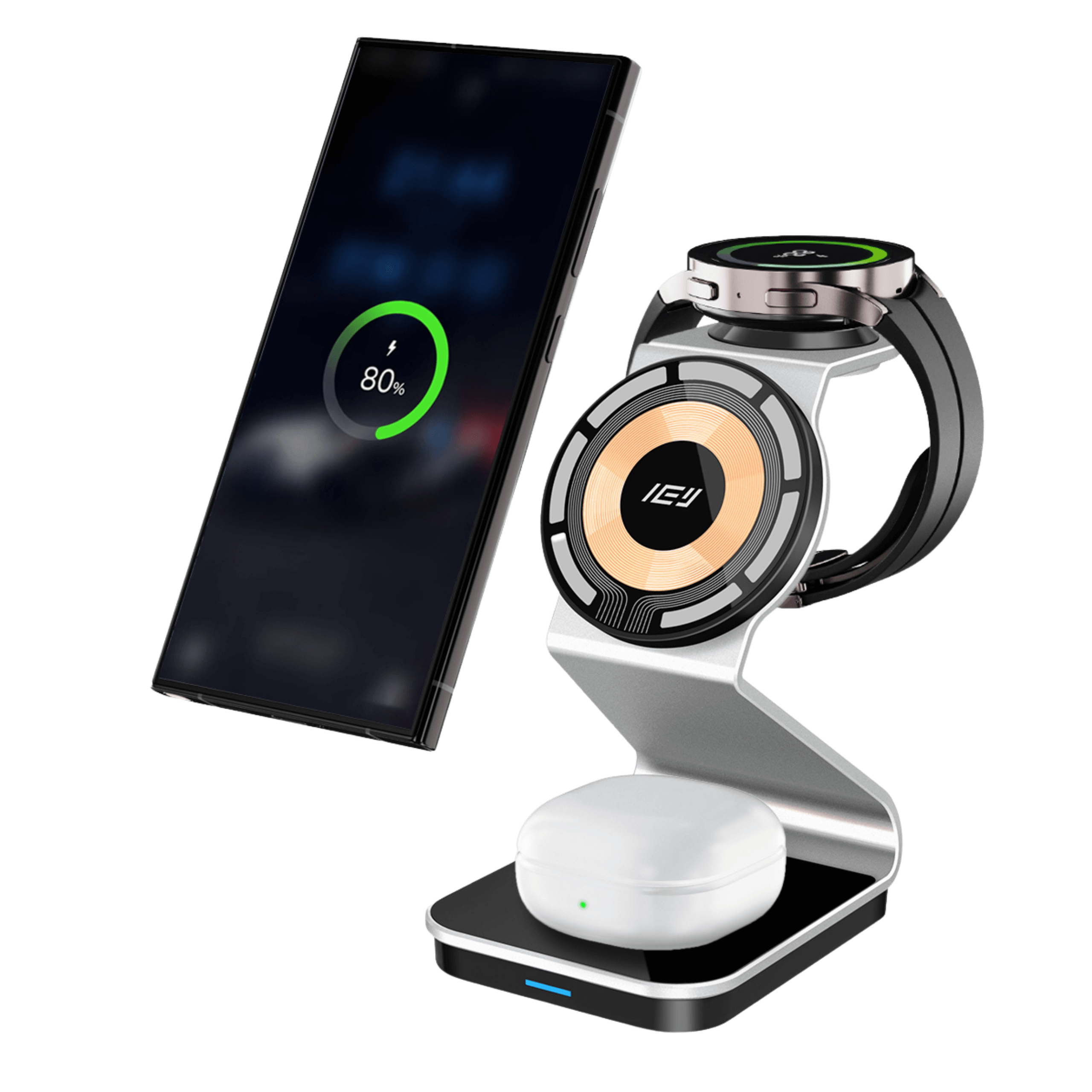 Cargador MagCharger mostrando Samsung, Galaxy Watch y Samsung Buds en carga vertical con tecnología MagSafe #color_gris plateado