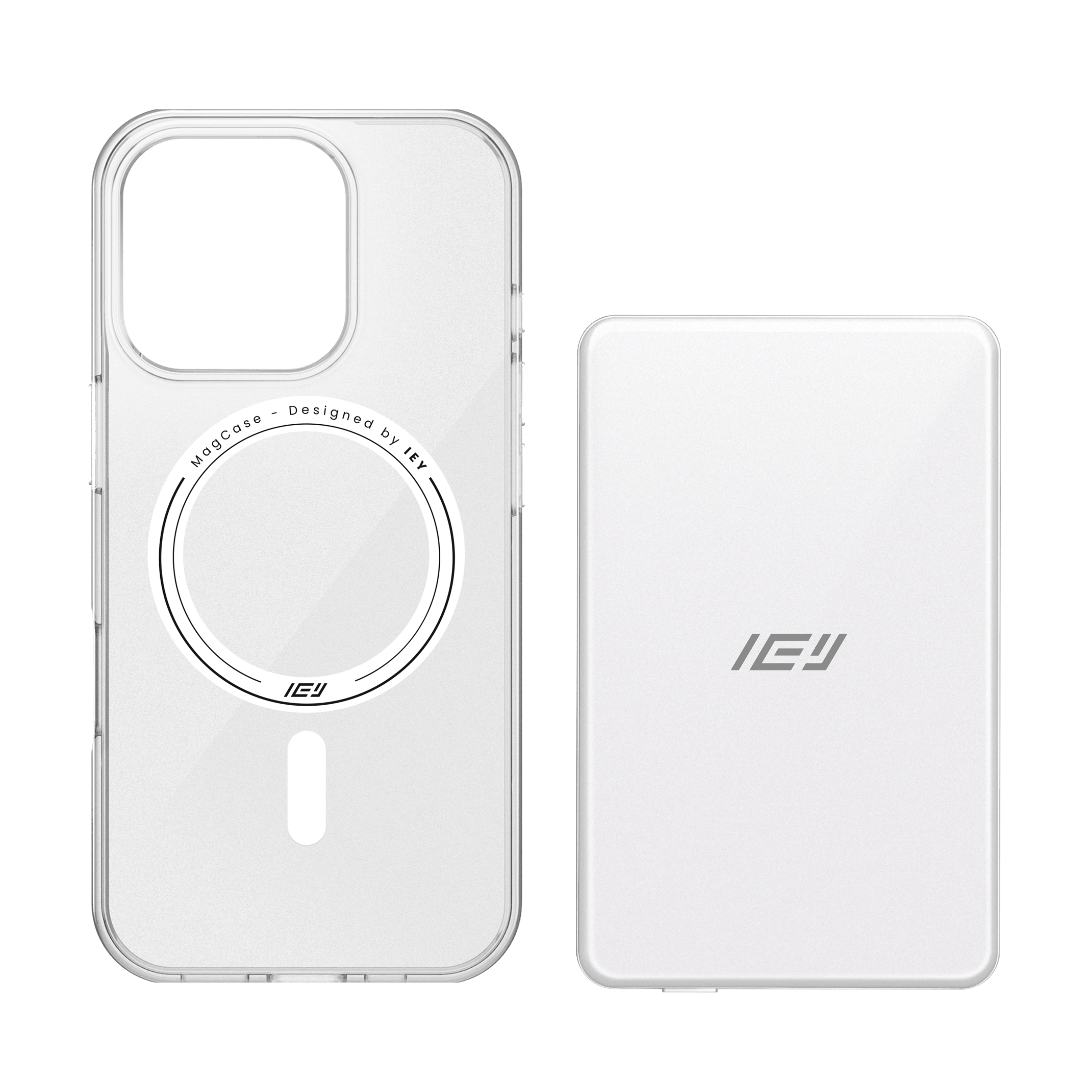 Combo MagSafe IEY con funda transparente y batería inalámbrica 5000 mAh con MagSafe, diseño minimalista y premium. #color_gris plateado