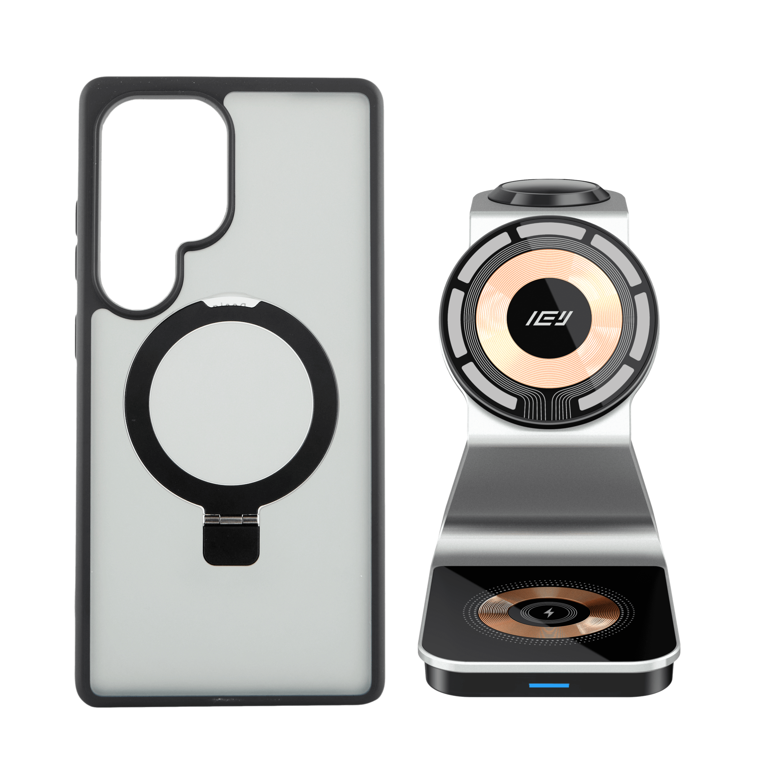 Combo IEY de funda MagSafe Samsung y estación 3 en 1 en color negro #color_gris plateado