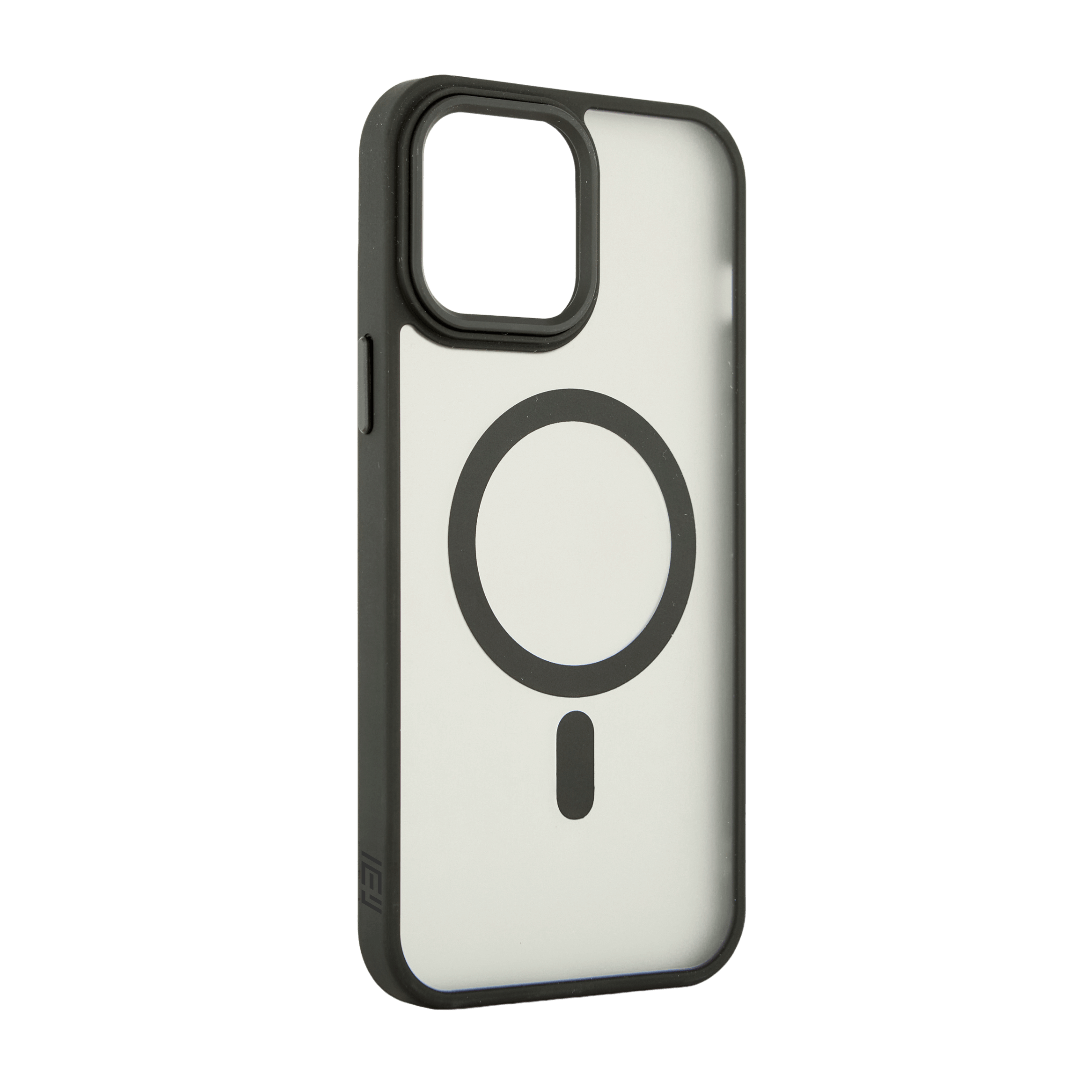Funda MagSafe negra para iPhone en vista diagonal, con aro imantado central y diseño minimalista