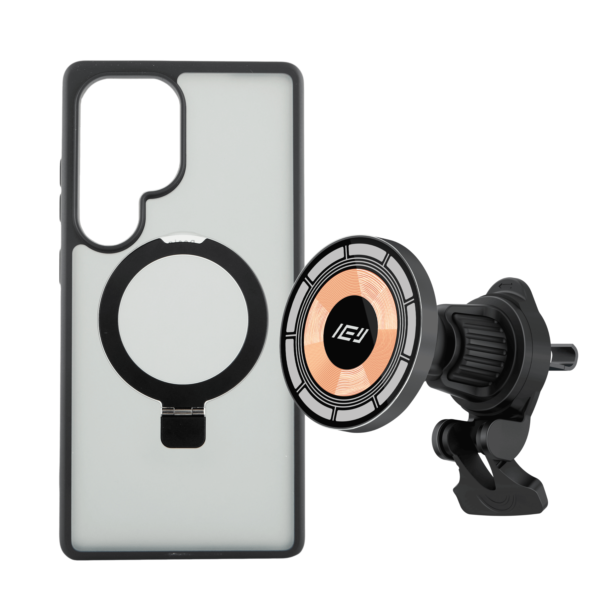 Combo MagSafe para Samsung: Funda Transparente + Cargador de Auto IEY sobre fondo blanco #color_plateado