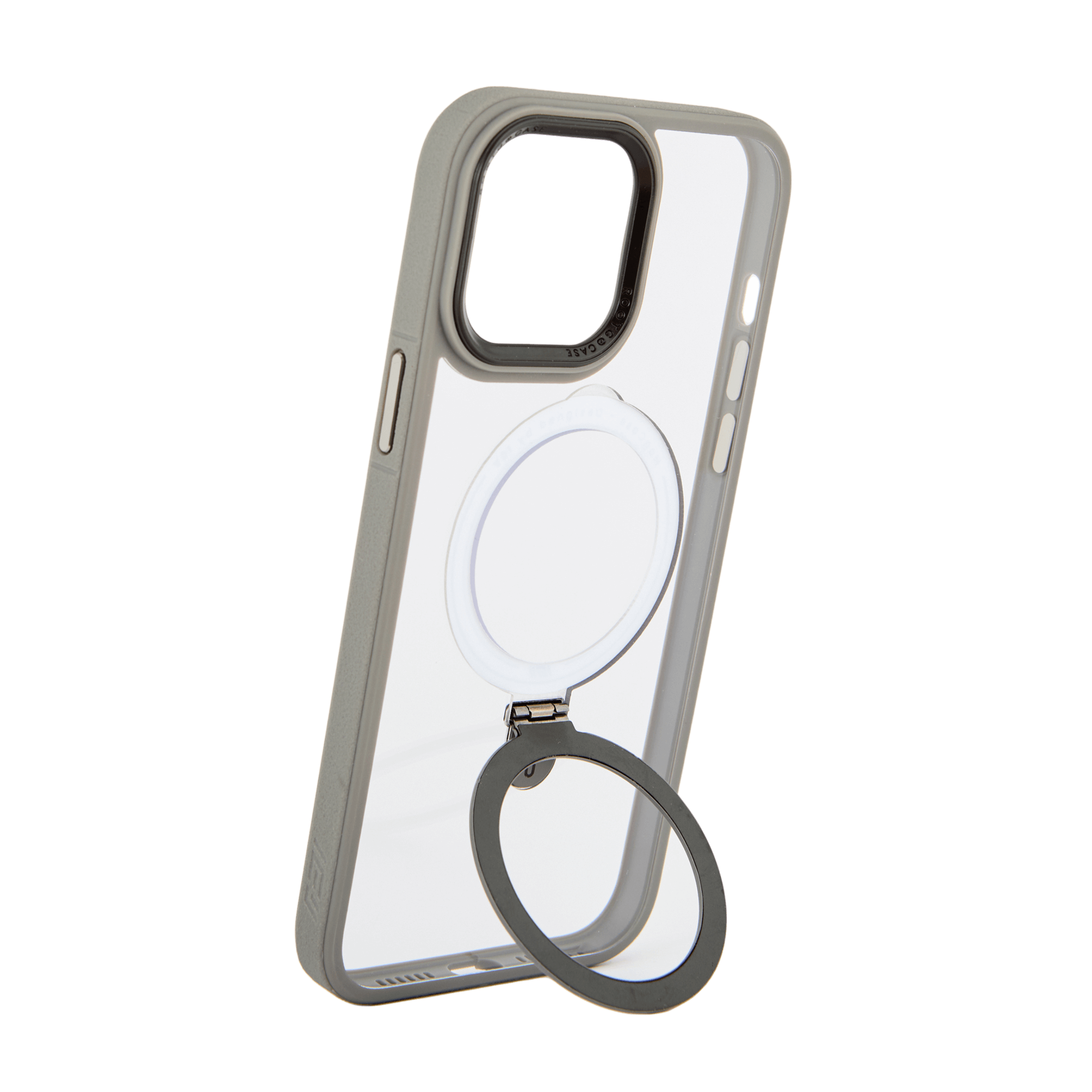 Funda MagSafe transparente con bordes grises y aro gris desplegable, flotando sobre fondo transparente #color_gris