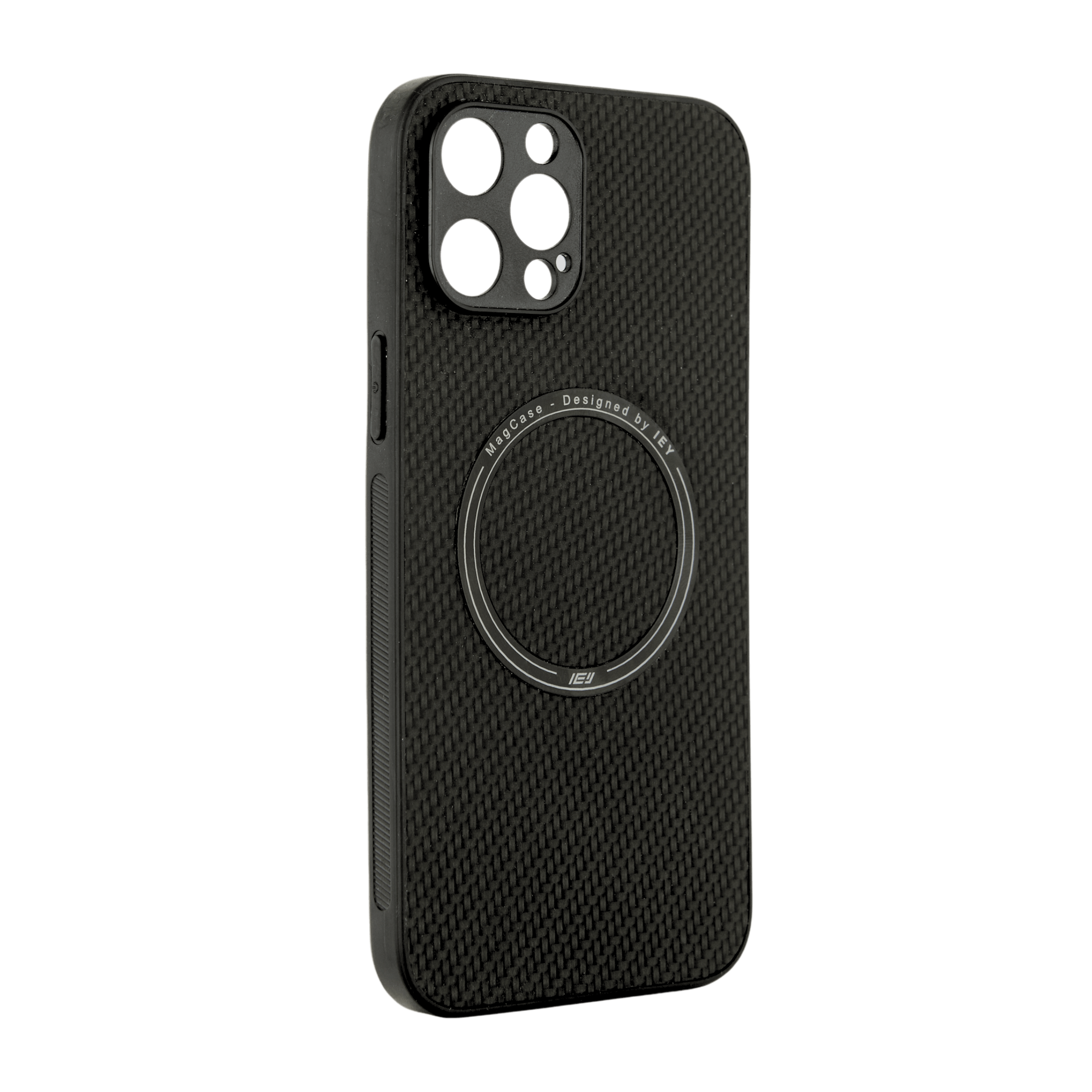 Funda MagSafe texturizada en vista diagonal, diseño negro con acabado fibra de carbono y aro imantado grabado con logo IEY #color_negro