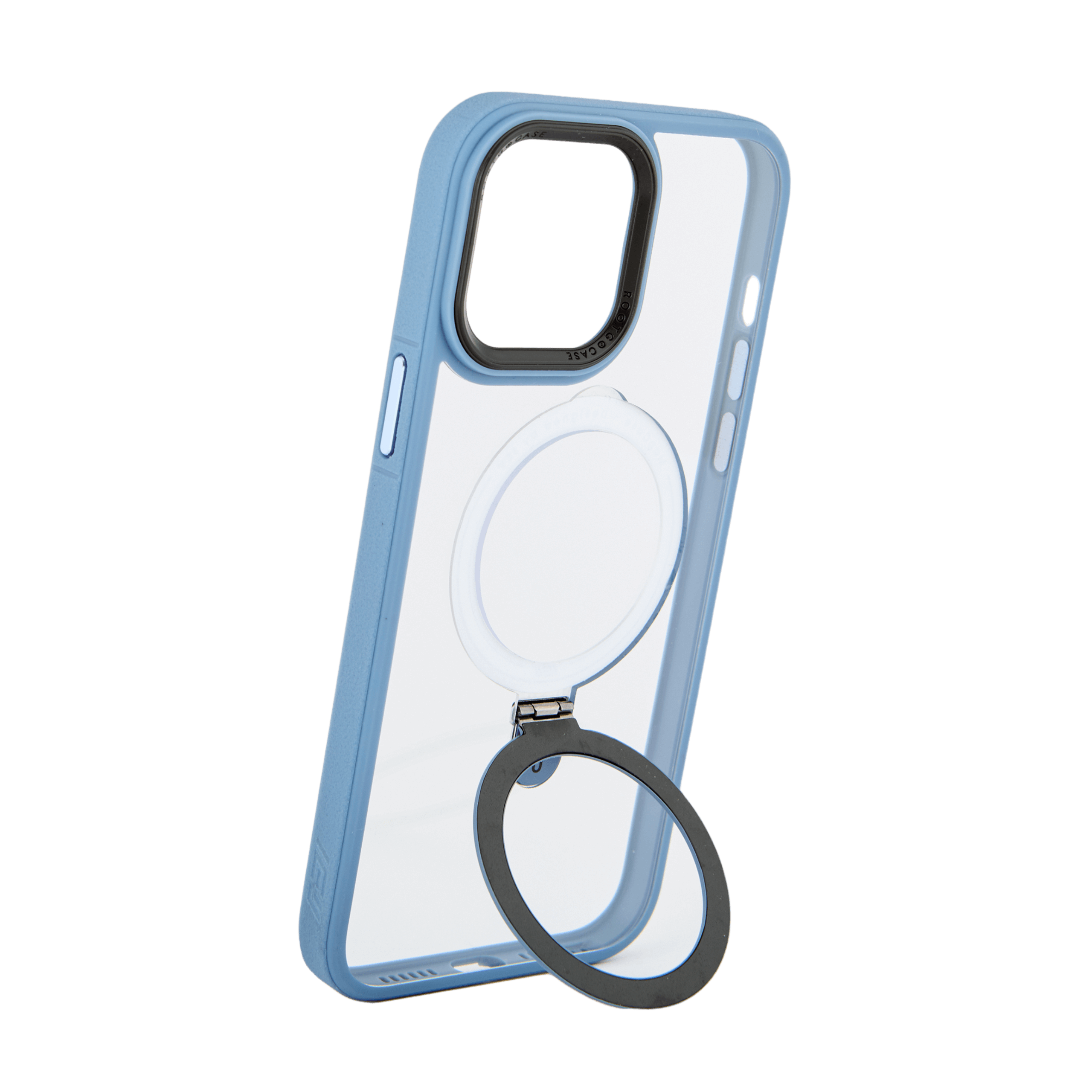 Funda MagSafe transparente con bordes azules y aro negro desplegable, flotando sobre fondo transparente #color_azul