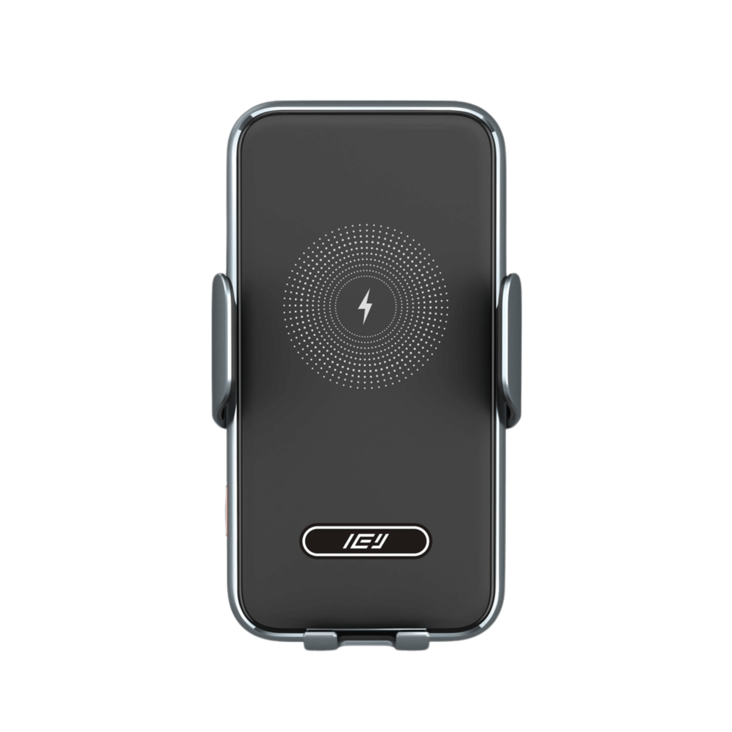 Vista frontal del MagCharger inteligente con brazos ajustables y diseño minimalista compatible con carga inalámbrica