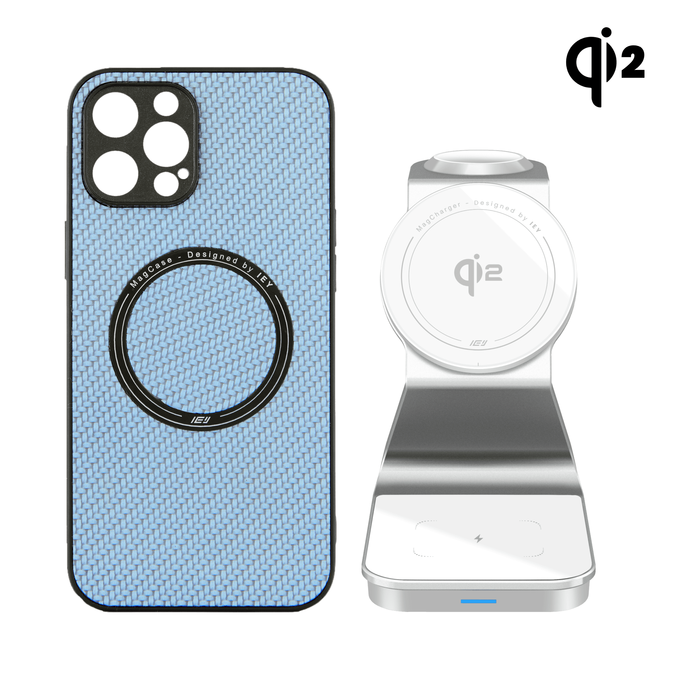 Combo IEY de funda MagSafe Carbon Azul y estación 3 en 1 con Tecnología Qi2 en color blanco #color_blanco