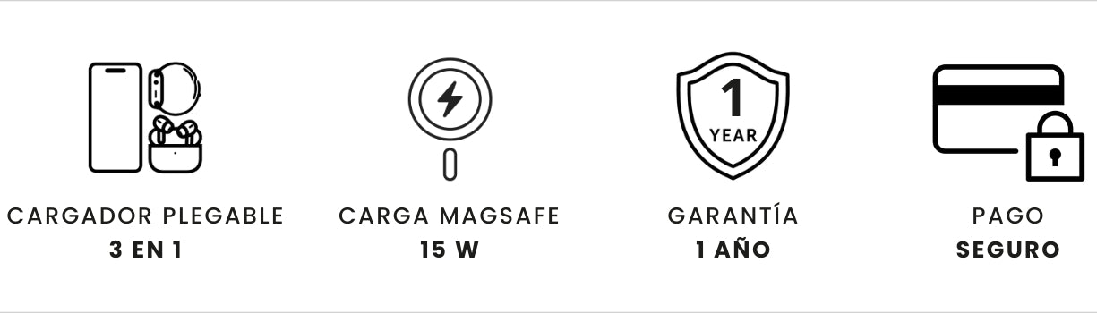 Beneficios del producto: cargador plegable 3 en 1, carga magsafe 15w , garantía de 1 año y pago seguro.