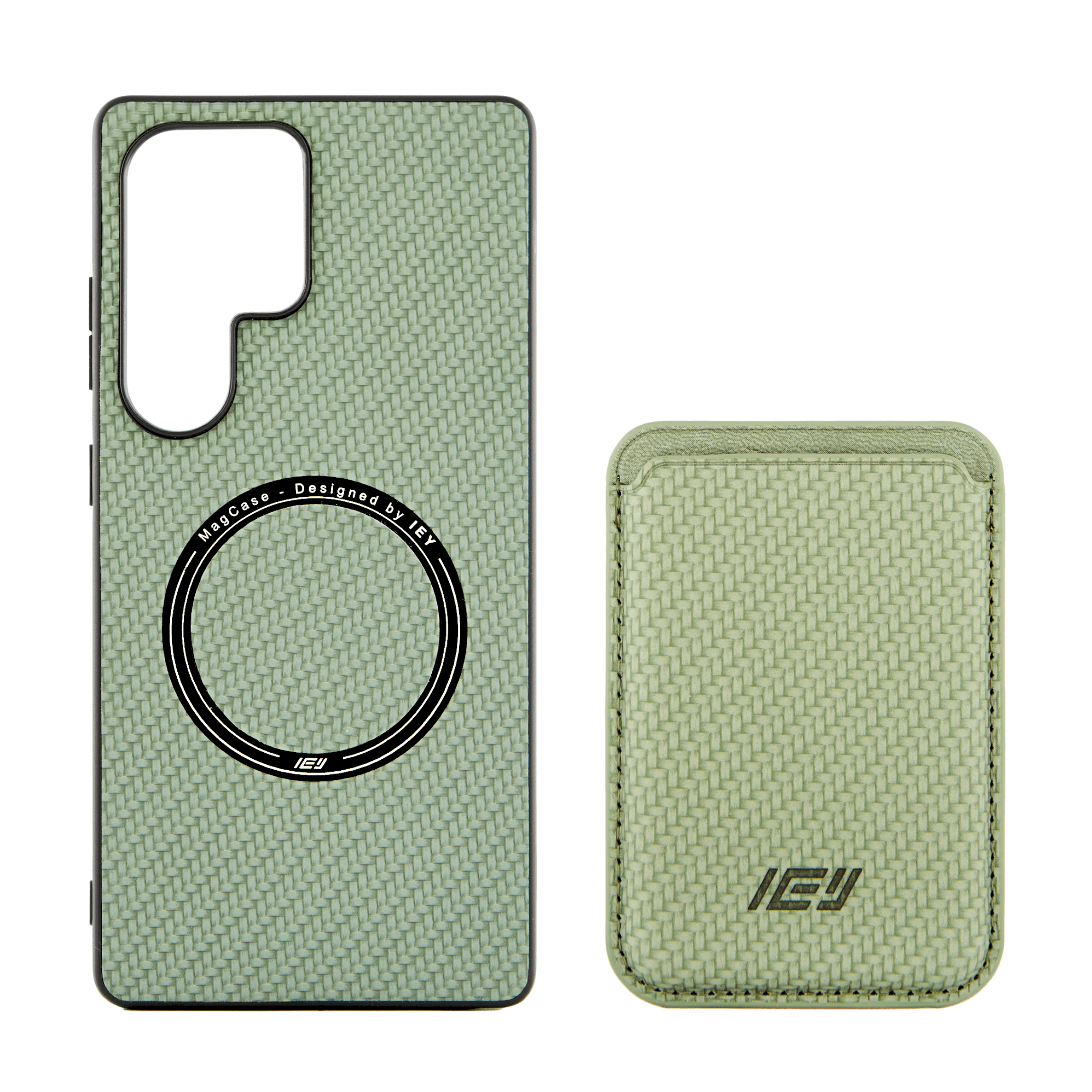 Combo MagSafe en color verde con funda para Samsung y billetera, mostrando el anillo magnético visible. #color_verde