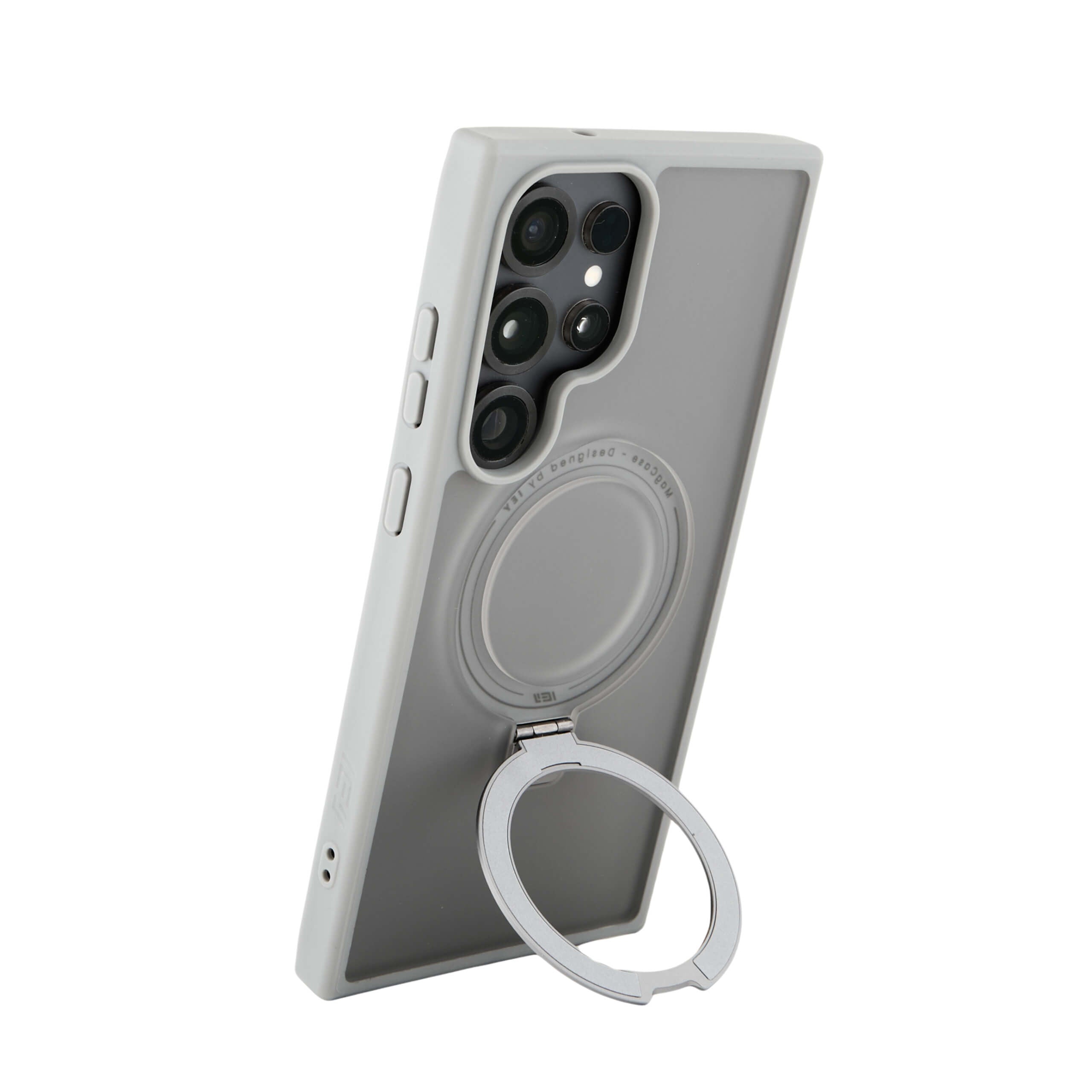 Funda Samsung S25 Ultra gris con aro magnético y soporte desplegado, vista trasera con cámara visible.