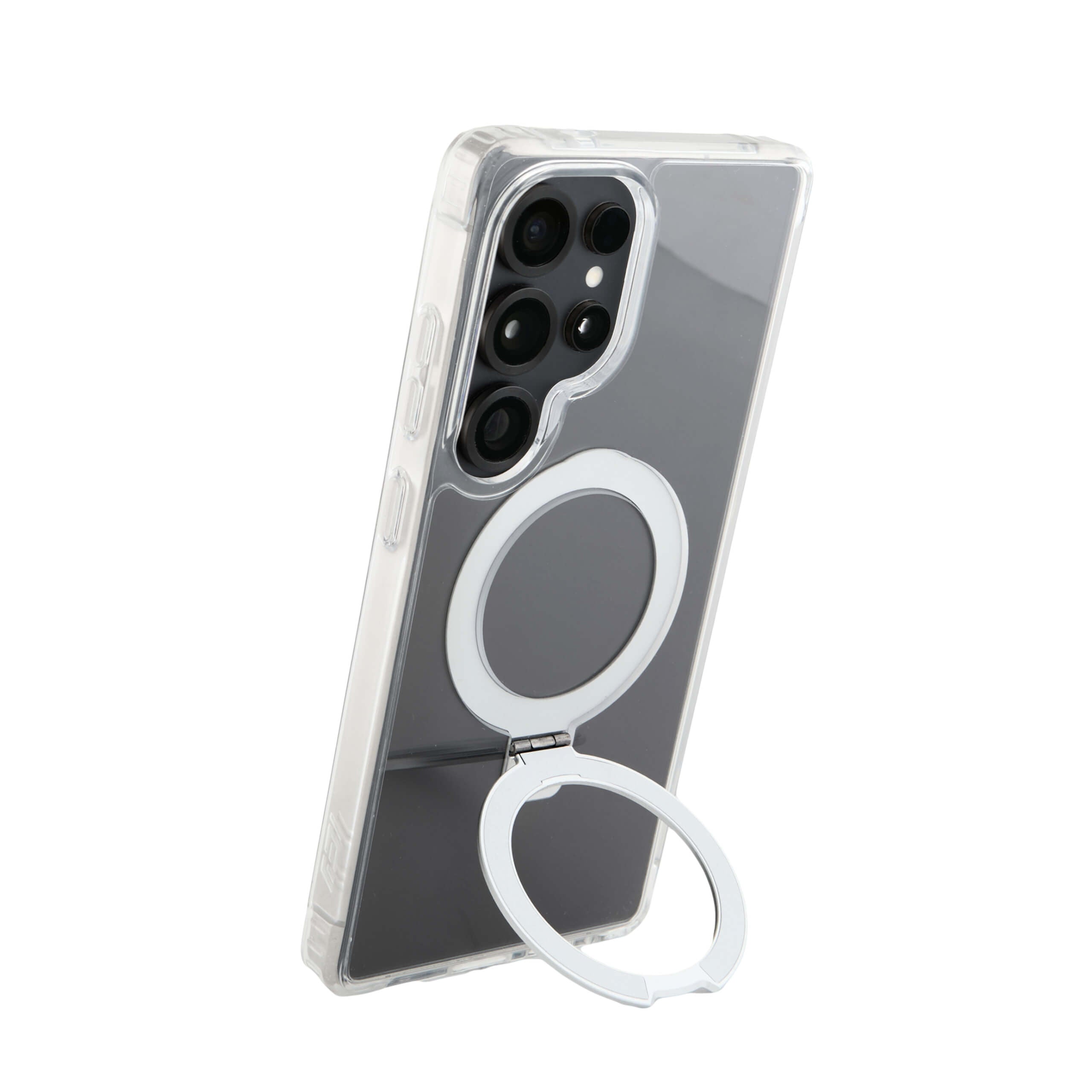 Funda Samsung S25 Ultra transparente con aro magnético y soporte desplegado, vista trasera con cámara visible.