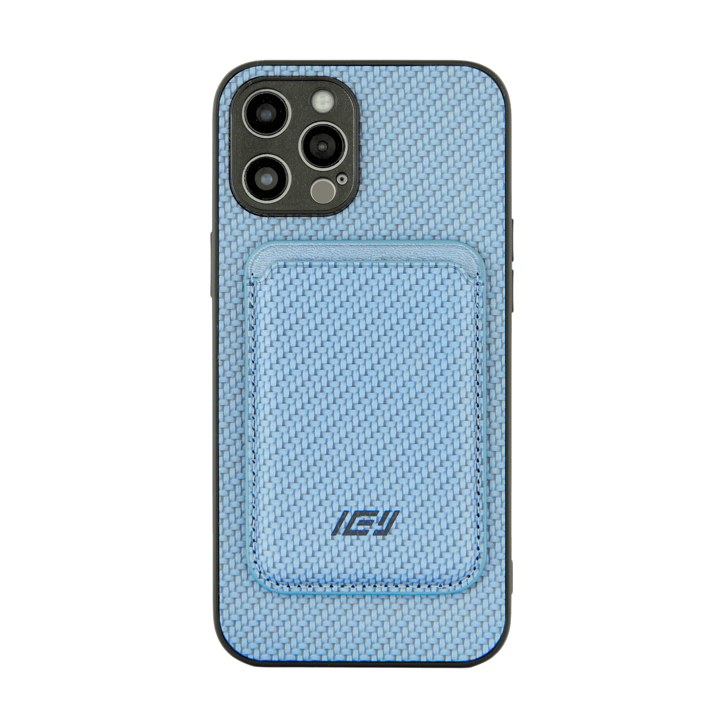 Funda MagSafe azul colocada en iPhone con billetera magnética, estilo moderno y funcional. #color_azul