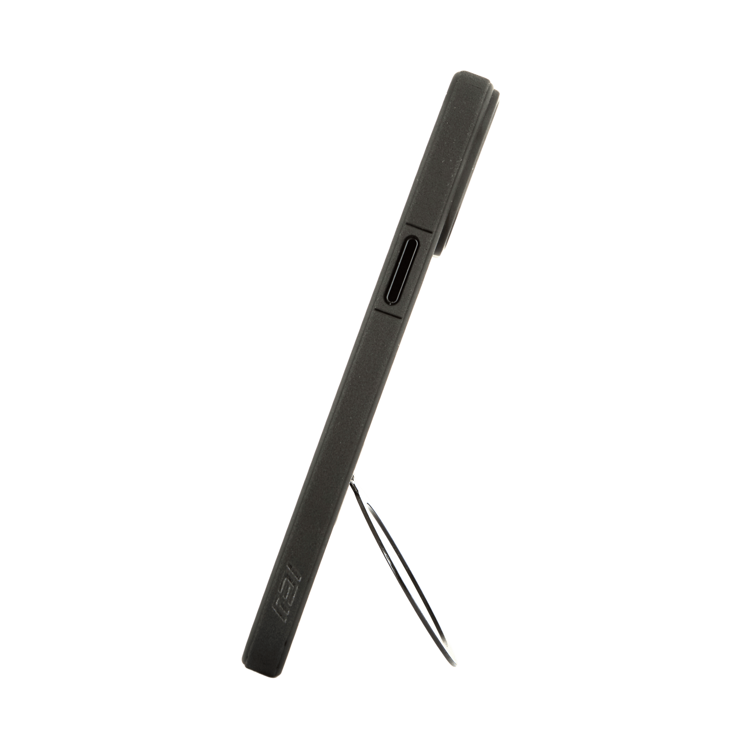 Funda MagSafe negra en vista lateral, apoyada verticalmente gracias a su anillo trasero desplegado #color_negro