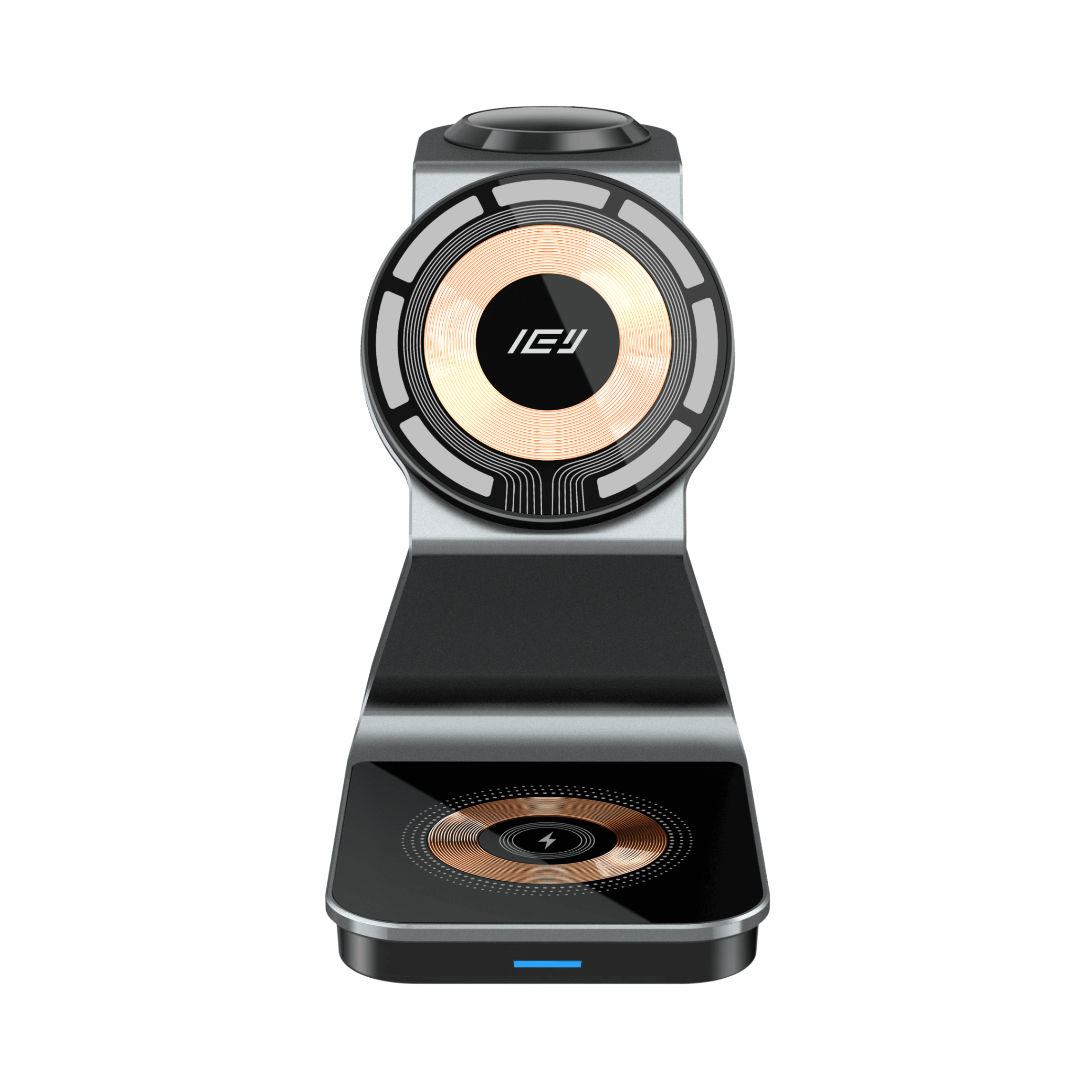 Vista frontal del cargador MagCharger con diseño compacto y soporte magnético #color_gris azulado