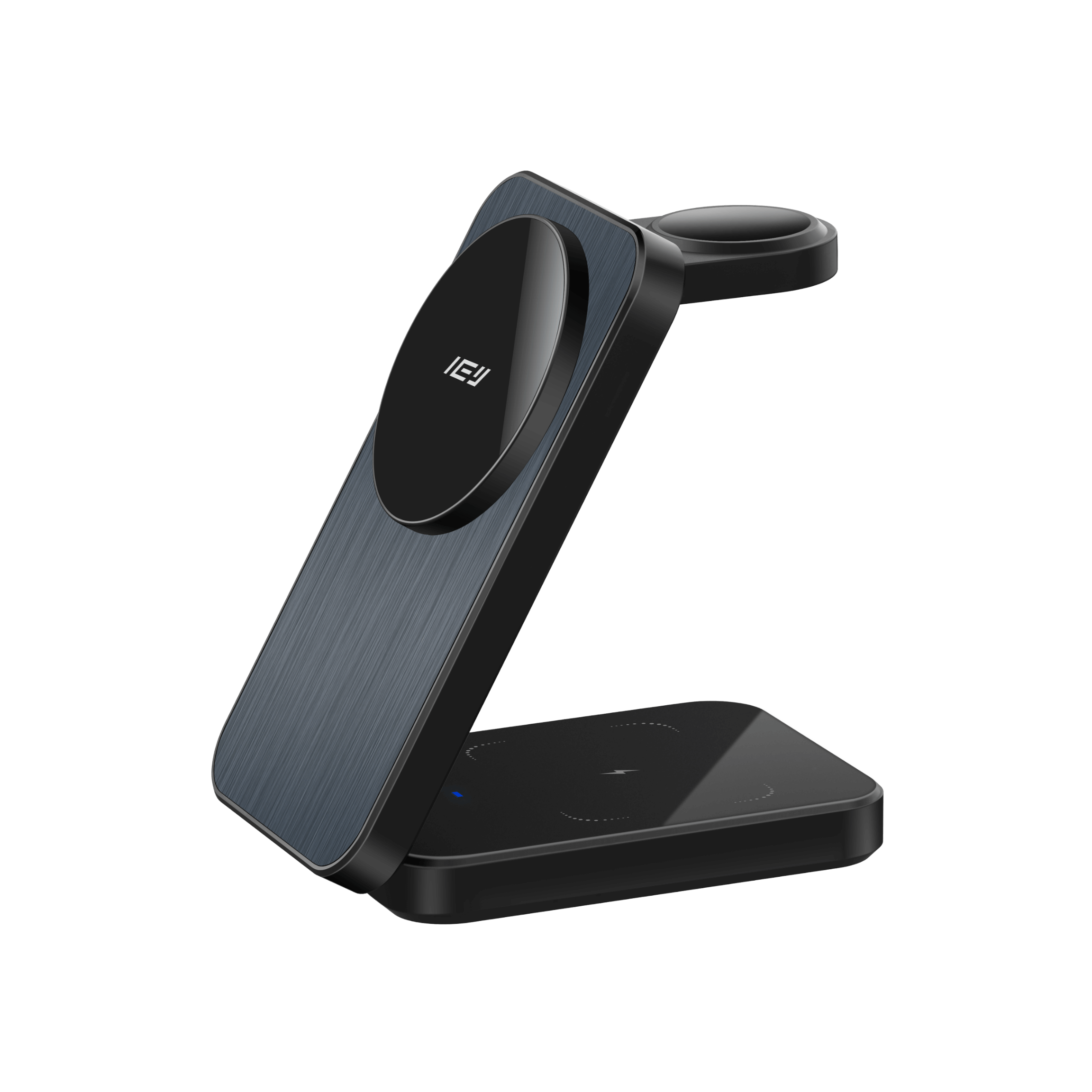 Vista lateral del cargador MagCharger 3 en 1 con diseño magnético y superficie antideslizante #color_negro