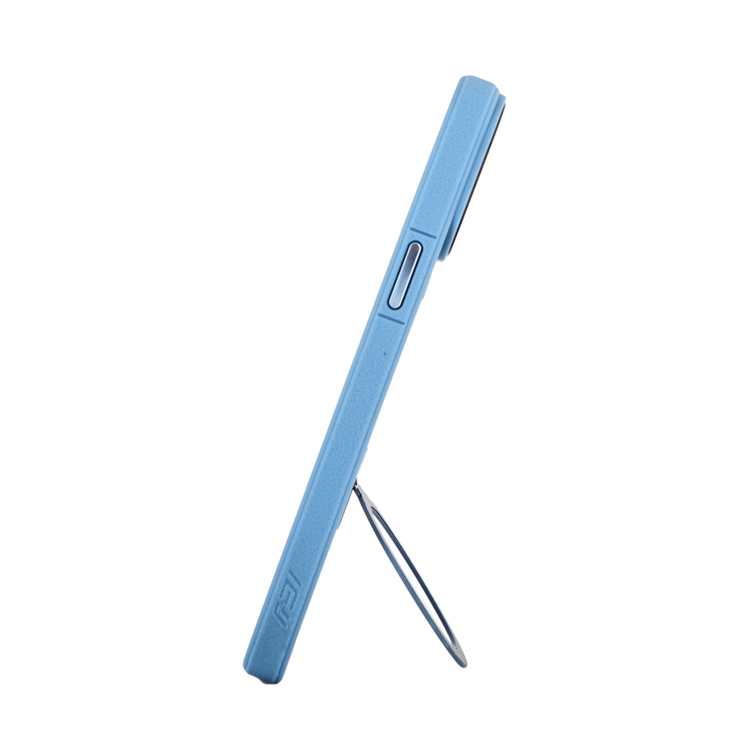Funda MagSafe azul en vista lateral, apoyada verticalmente gracias a su anillo trasero desplegado #color_azul