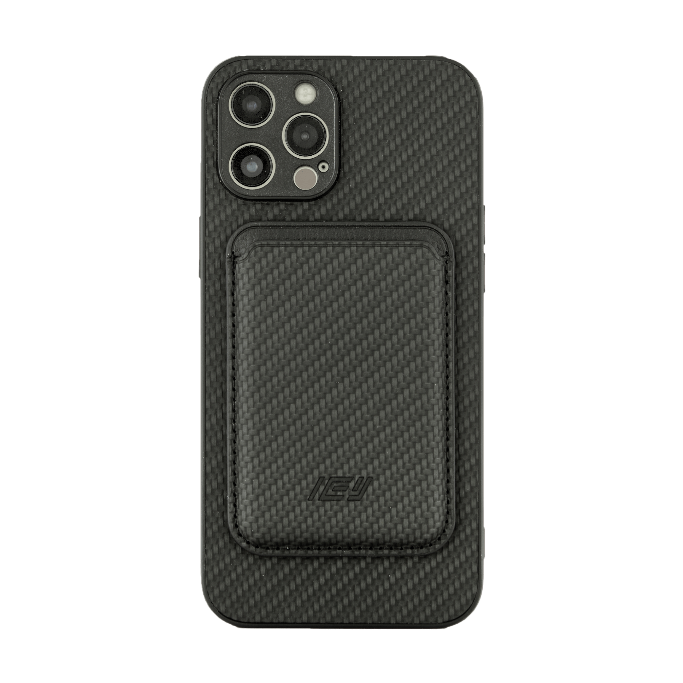 Funda MagSafe Carbon negra sin anillo visible, sobre fondo blanco, estilo minimalista y sofisticado. #color_negro