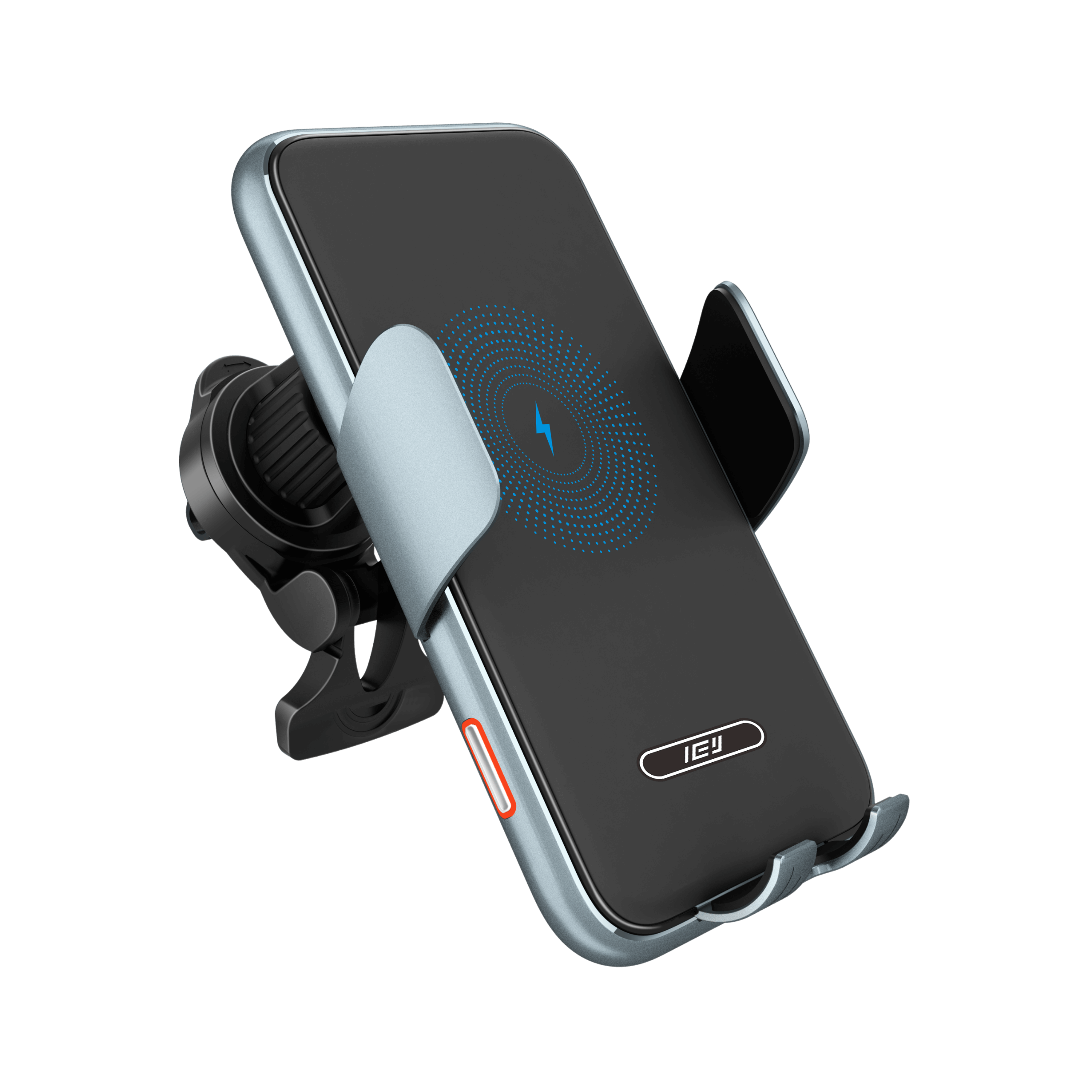 Vista lateral del MagCharger inteligente con brazos ajustables y diseño minimalista compatible con carga inalámbrica
