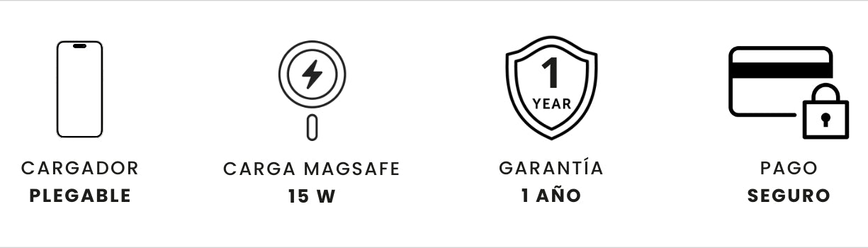 Beneficios del producto: cargador plegable, carga magsafe 15w , garantía de 1 año y pago seguro.