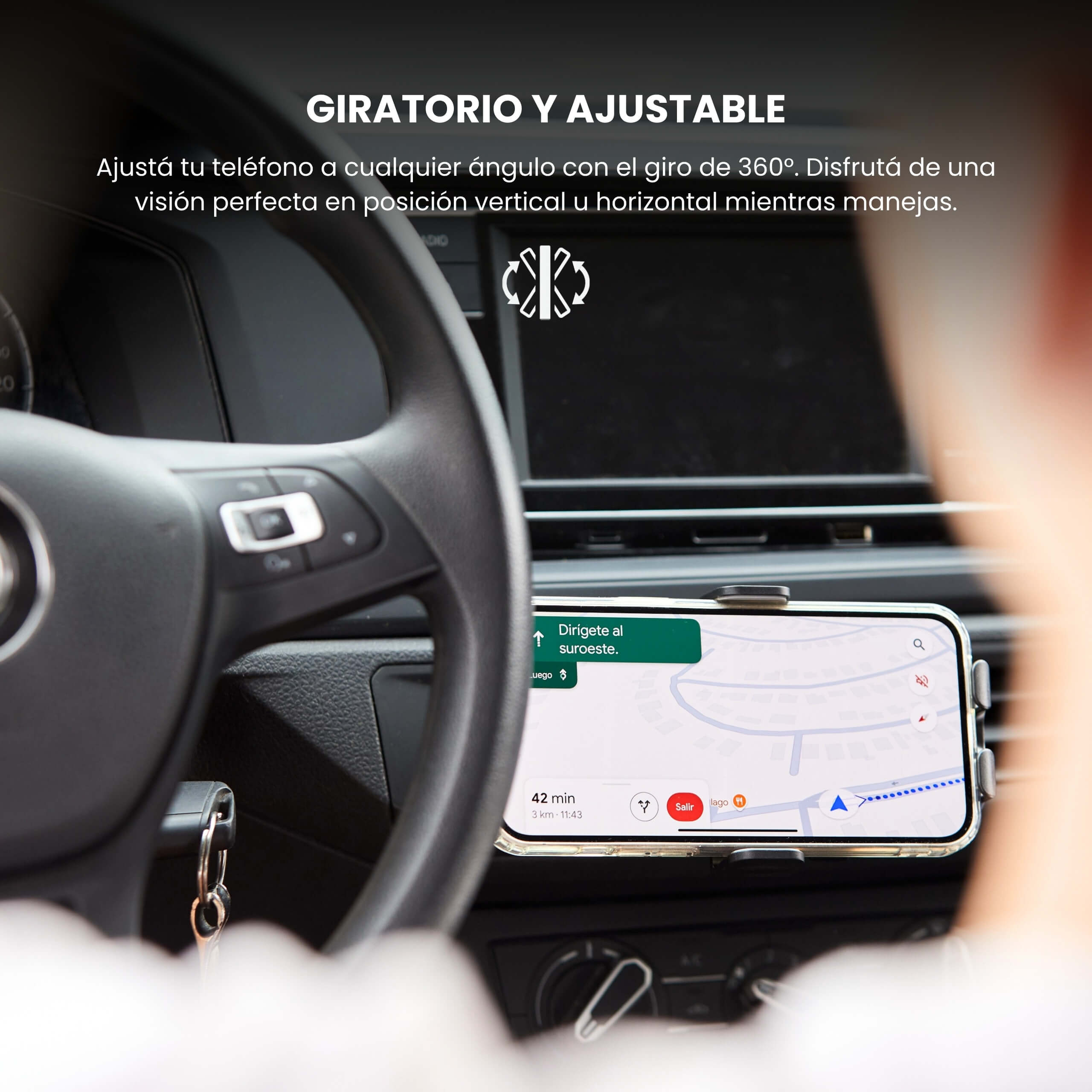 Soporte MagMount con rotación de 360 grados mostrando el teléfono en orientación horizontal sobre tablero