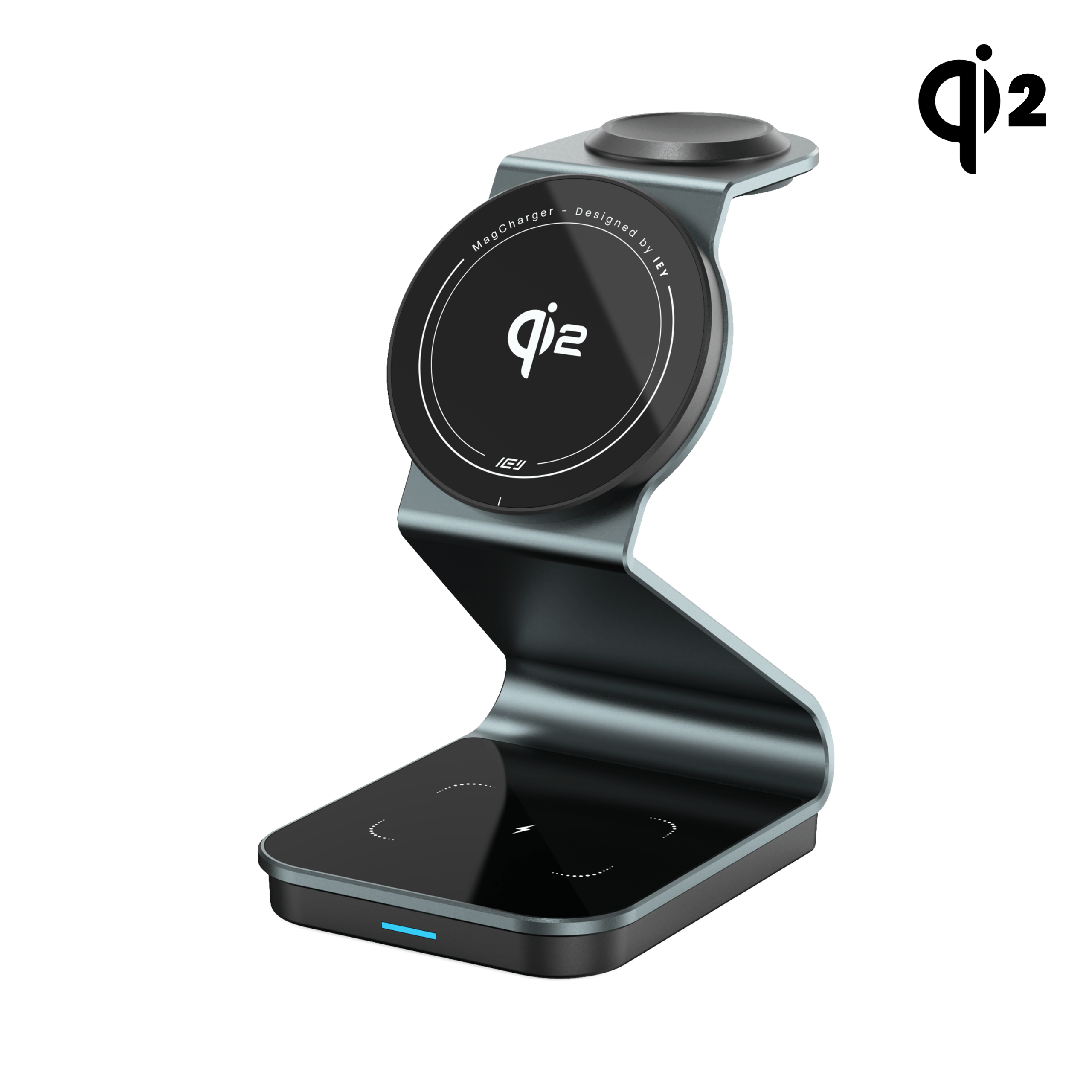 Vista lateral del cargador MagCharger con Qi2 + MagSafe con diseño compacto y soporte magnético #color_negro