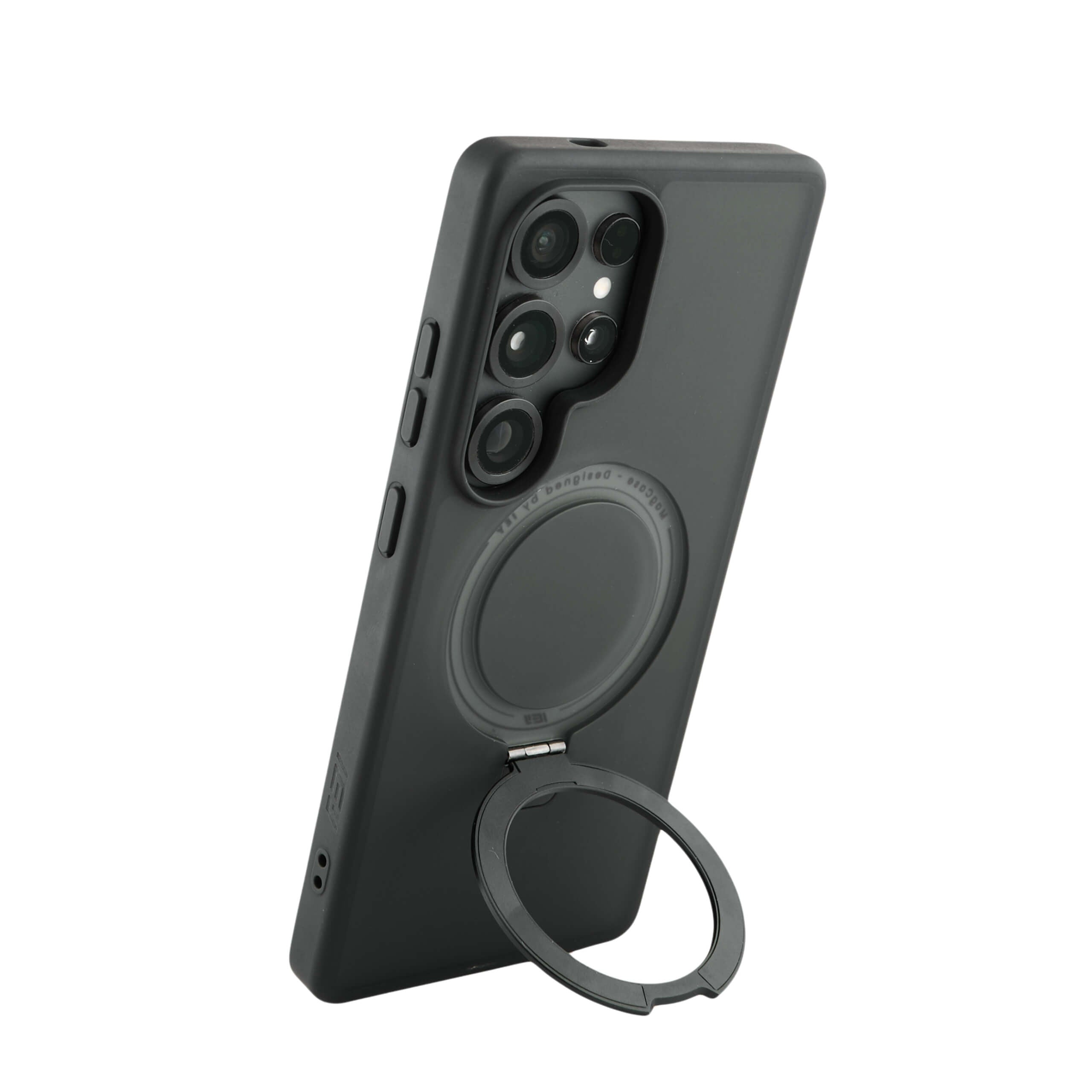 Funda Samsung S25 Ultra negra con aro magnético y soporte desplegado, vista trasera con cámara visible.