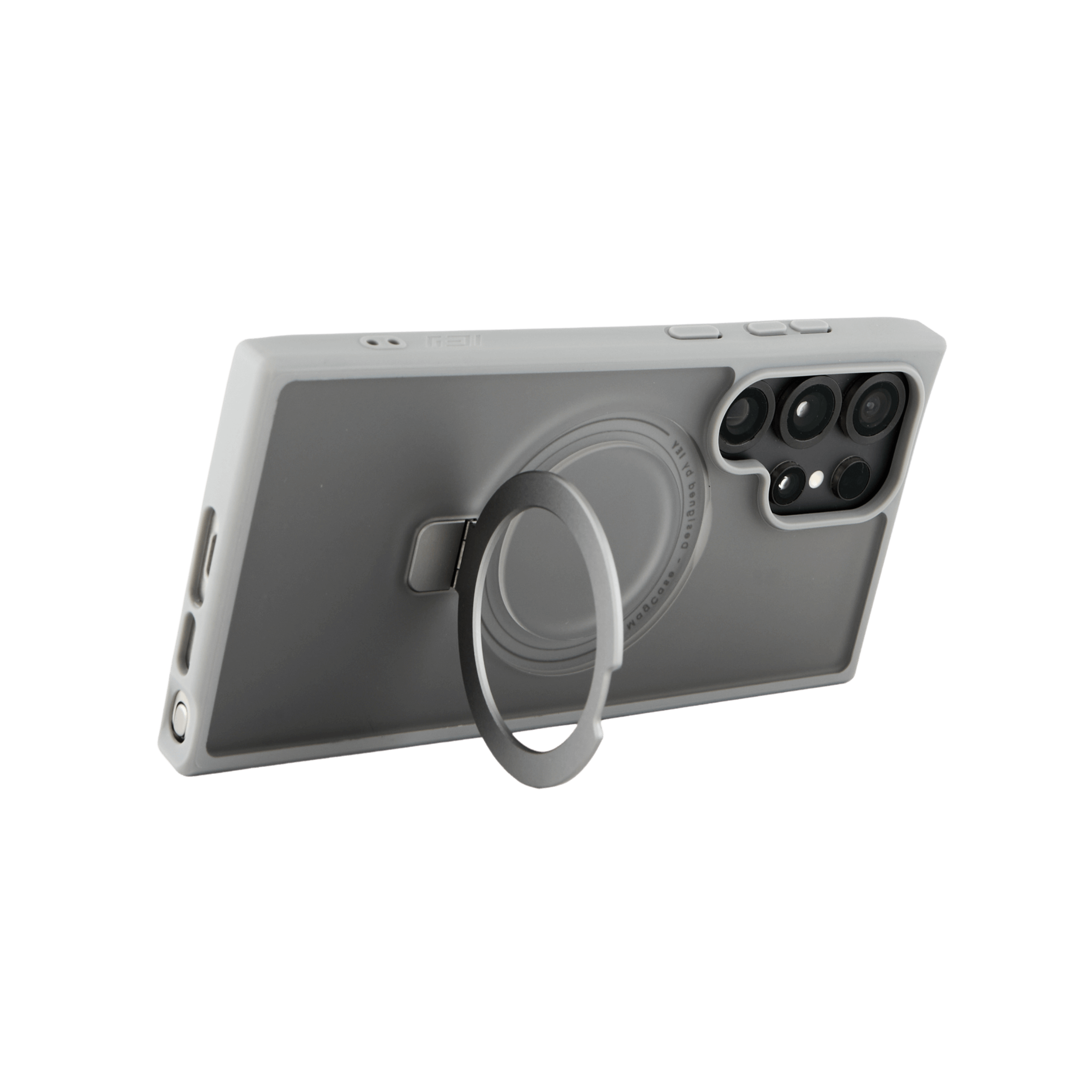 Funda Samsung color gris con aro magnético y soporte desplegado, vista horizontal trasera. #color_gris