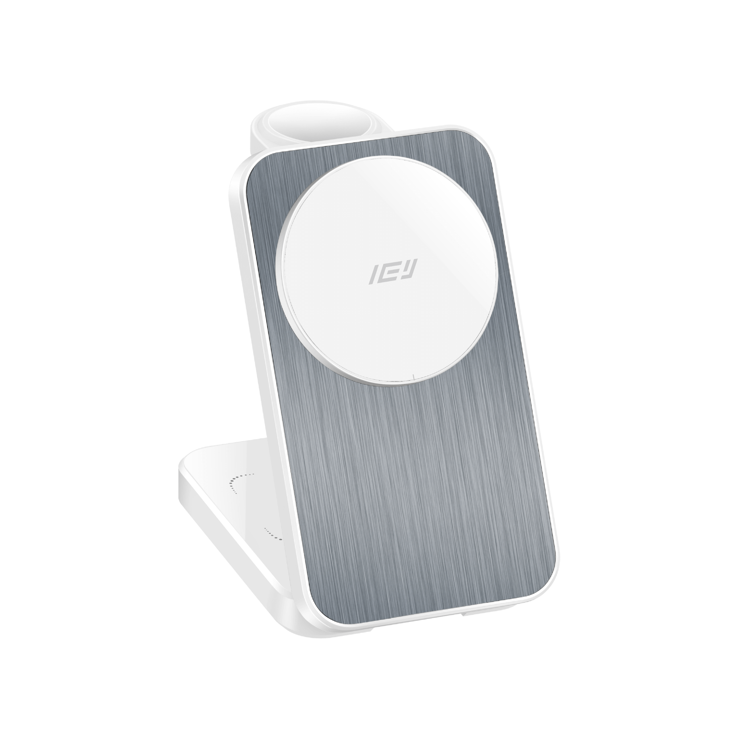 Vista frontal del cargador MagCharger 3 en 1 con diseño magnético y superficie antideslizante #color_blanco