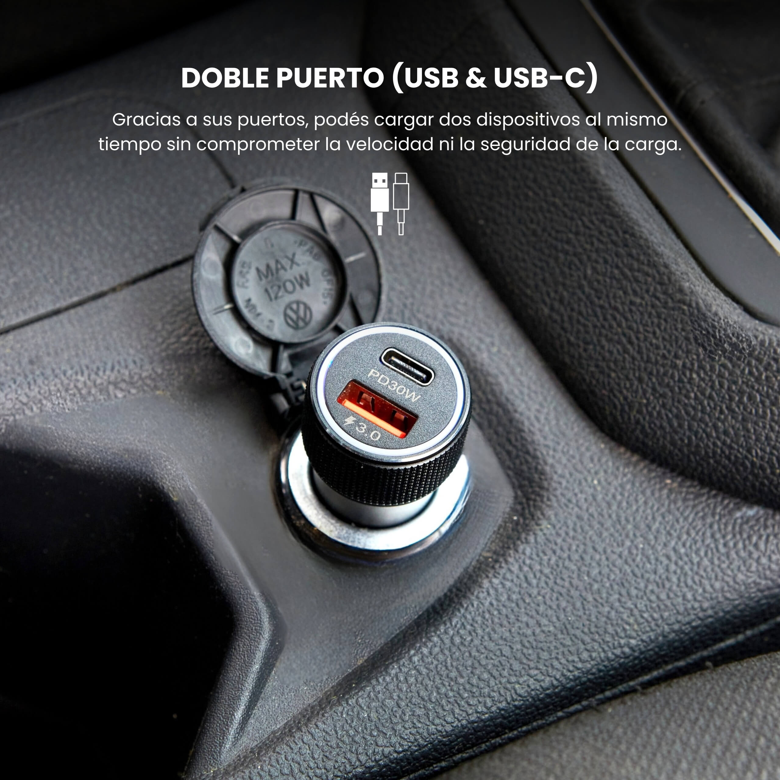 Conexión del cargador IEY en encendedor de auto, mostrando doble puerto USB con luz LED azul