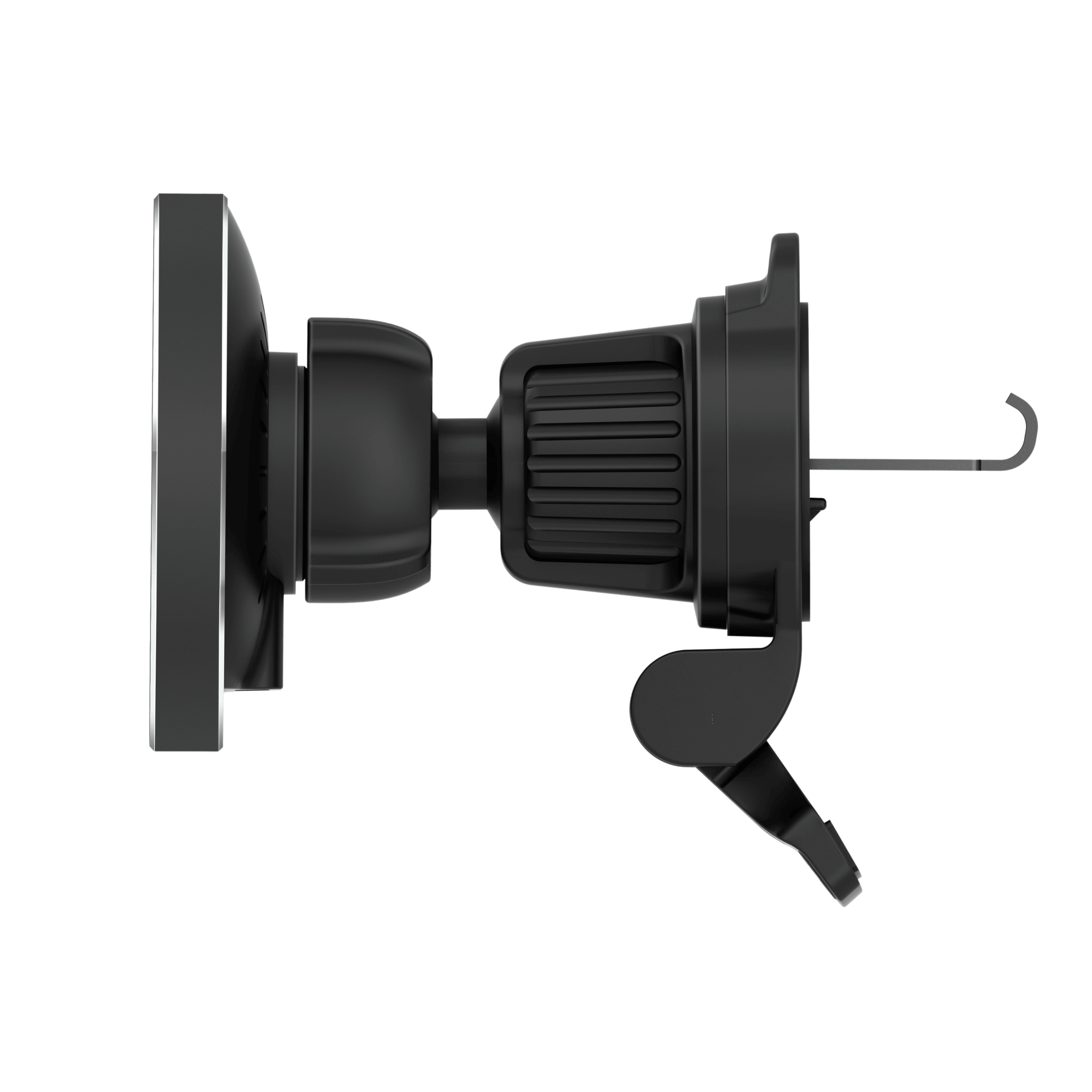 Cargador inalámbrico de auto MagCharger con soporte magnético y iPhone cargando mediante tecnología MagSafe.